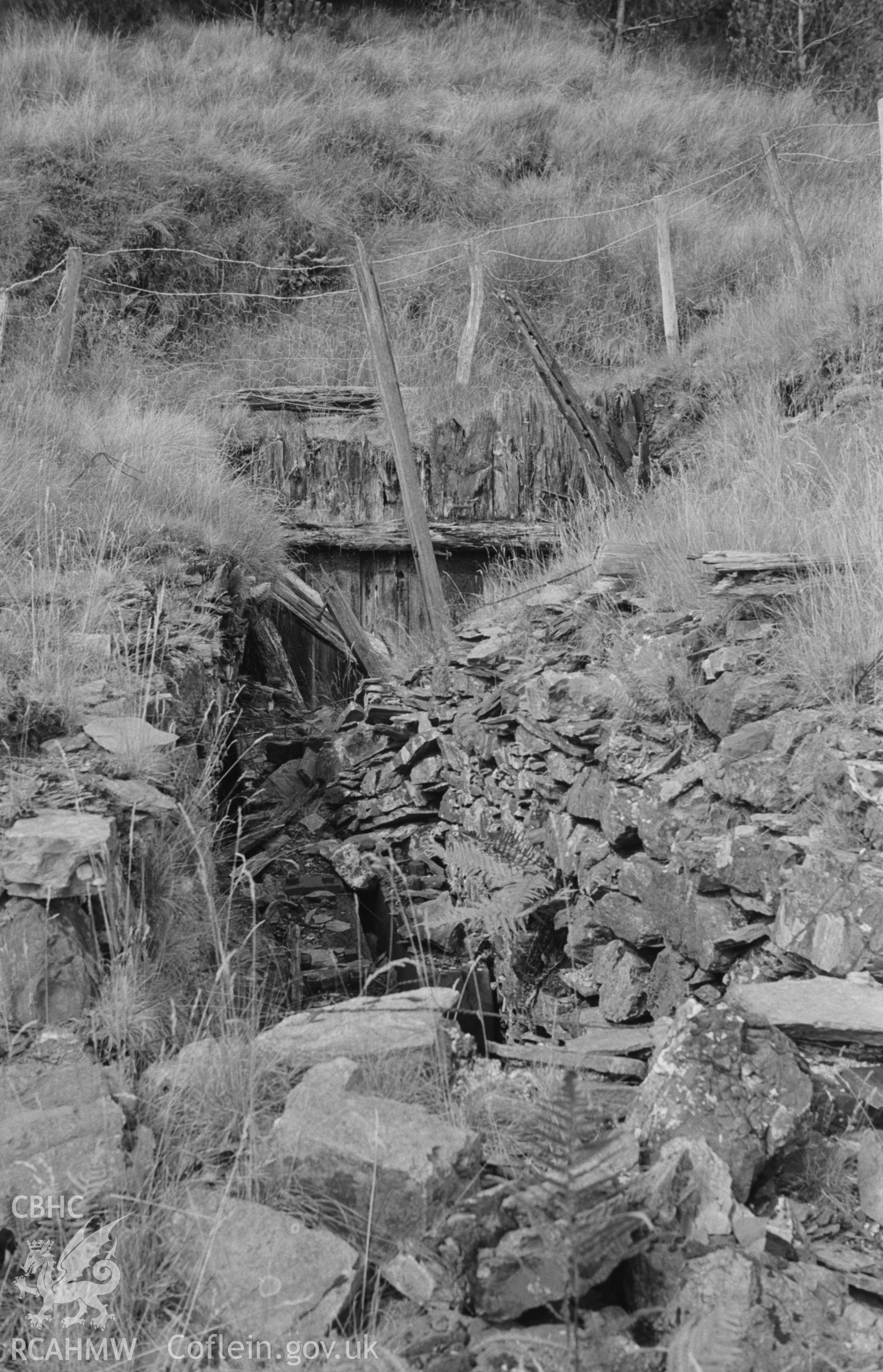 Digital copy of black & white negative: stone-lined horizontal entrance to vertical shaft still with wooden lining, 200m east north east of wheel-pit at Esgair Fraith mine. Photograph by Arthur Chater, 22/08/1967, looking east north east from SN742913.