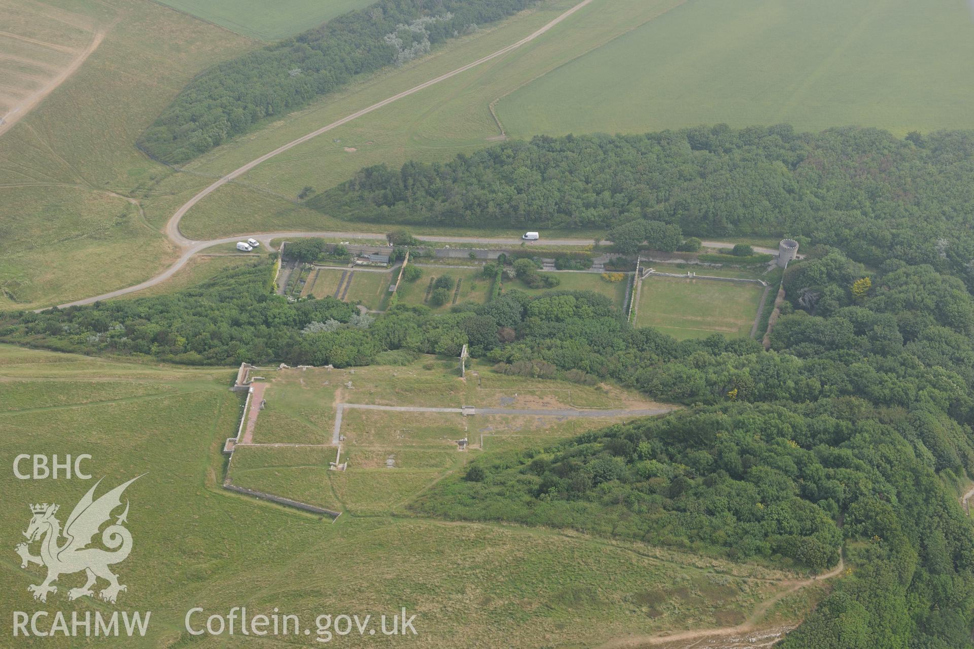 Royal Commission aerial photography of Dunraven Castle recorded during drought conditions on 22nd July 2013.