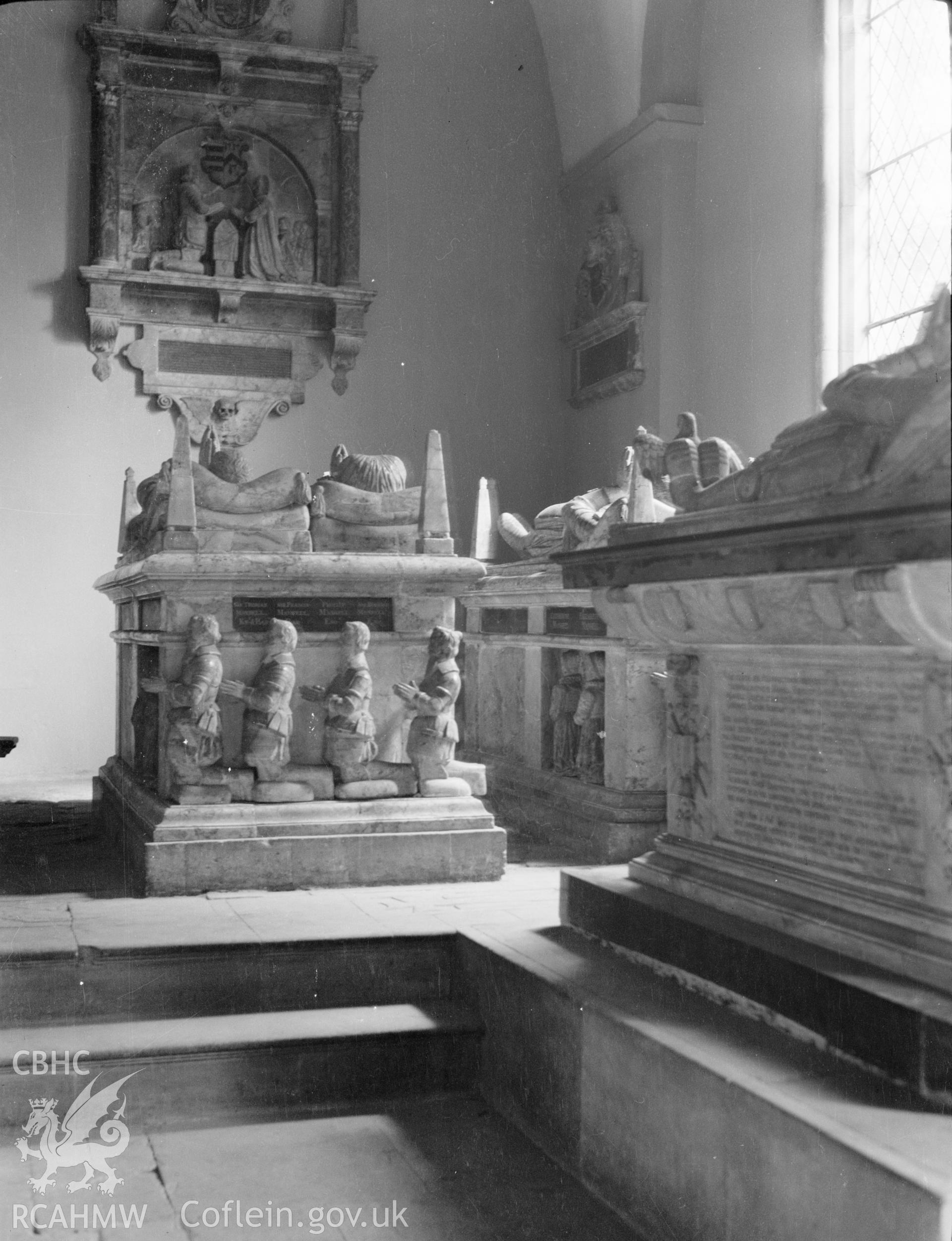 Digital copy of a nitrate negative showing interior, view of chest tombs in the Mansel Chapel, St Mary's Church, Margam, circa 1935. From the National Building Record Postcard Collection.