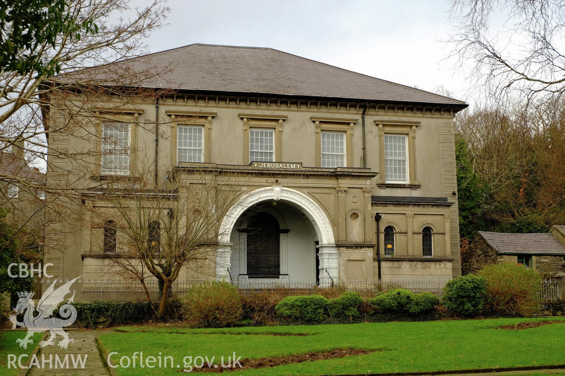 Colour photograph showing view looking north east at Jerusalem Chapel, Bethesda, produced by Richard Hayman 7th March 2017