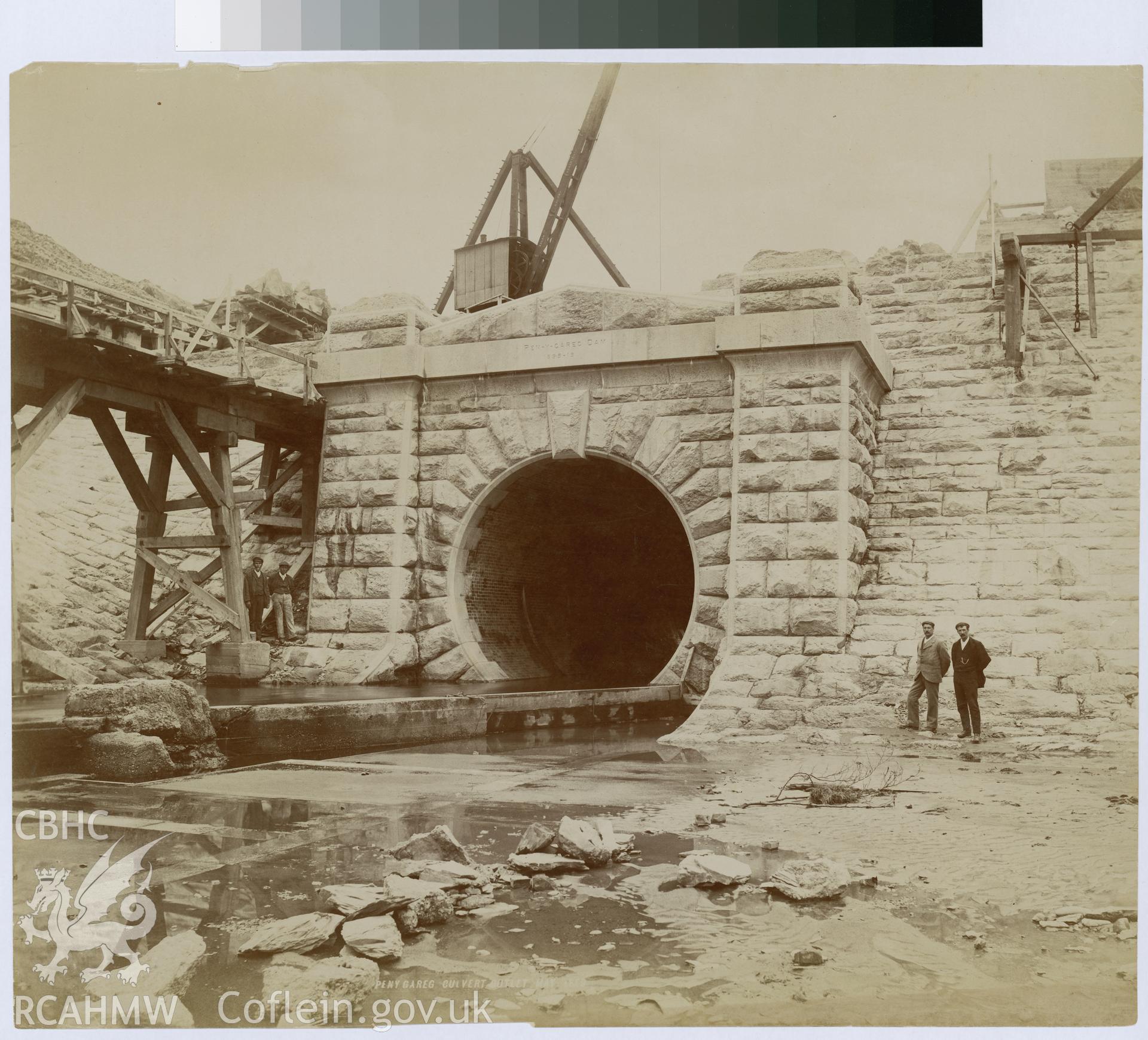 Digital copy of an albumen print from Edward Hubbard Collection showing the Pen y Garreg culvert outlet, taken May 1899.