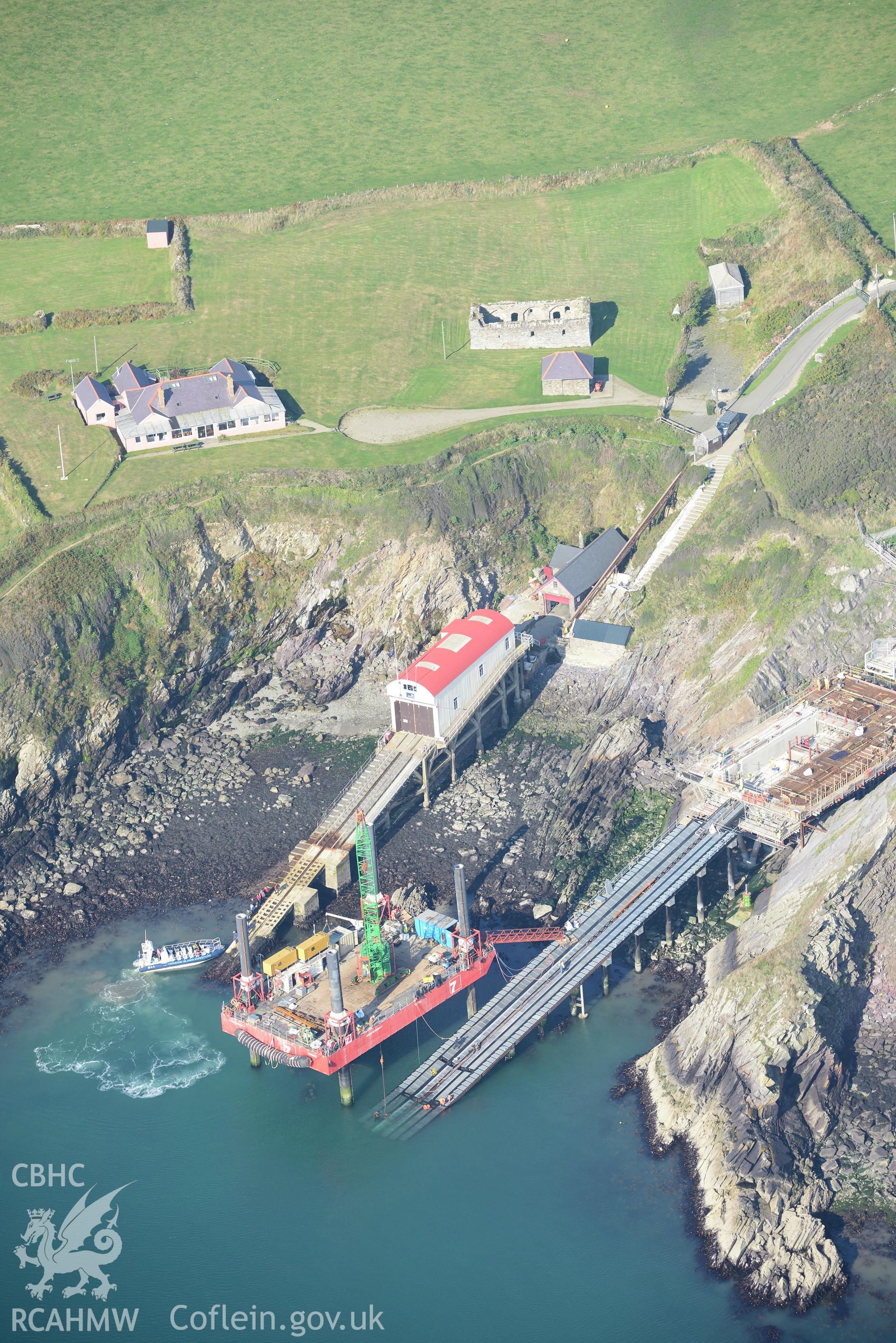 St. Justinian's lifeboat station, St. David's new lifeboat station, St. Justinian's chapel and bungalow, west of St. Davids. Oblique aerial photograph taken during RCAHMW's programme of archaeological aerial reconnaissance by Toby Driver, 30/09/2015.