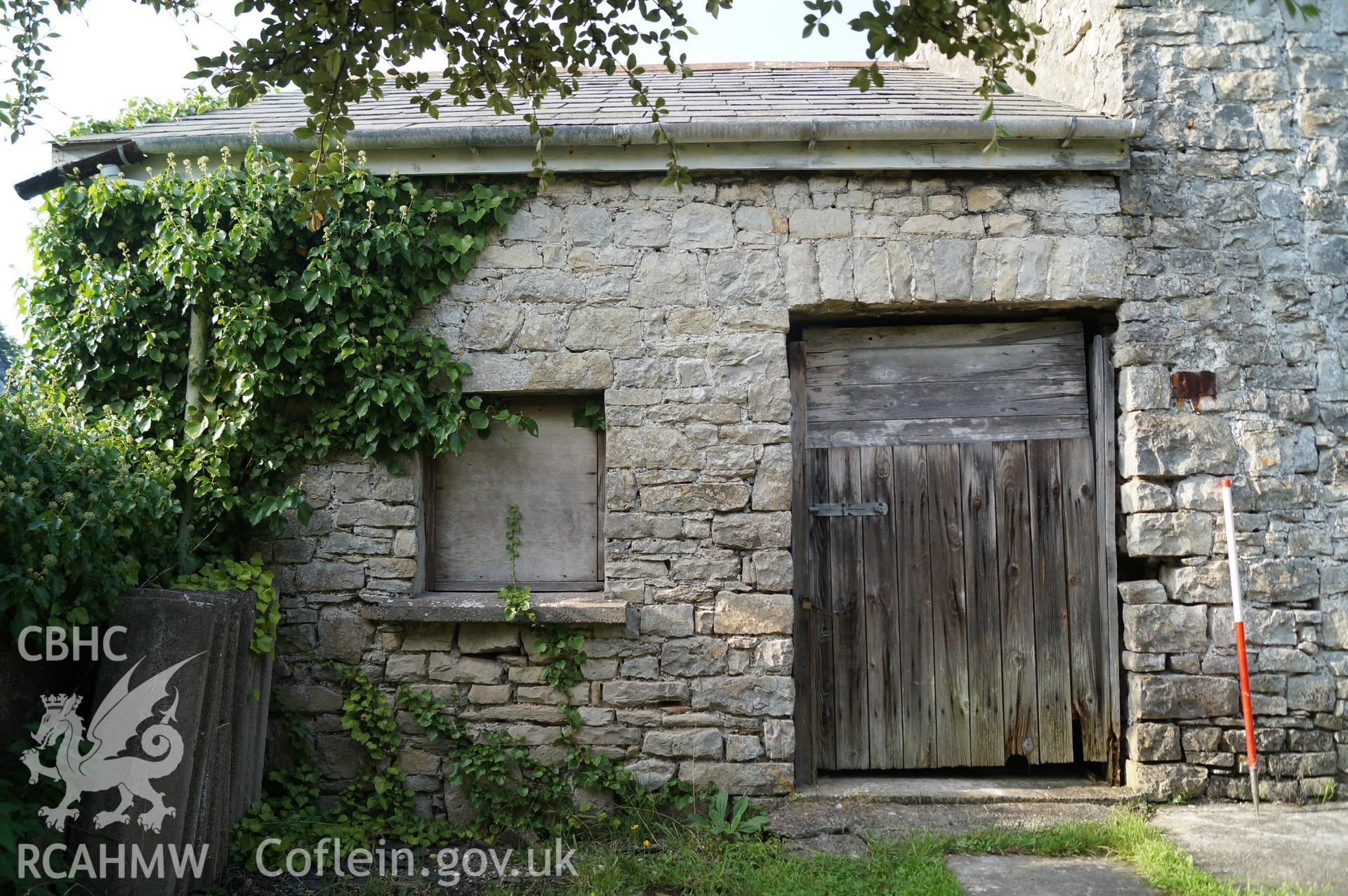 View 'looking north northwest at the low extension to the west of the main barn showing doorway and window' at Rowley Court, Llantwit Major. Photograph and description by Jenny Hall and Paul Sambrook of Trysor, 7th September 2016.