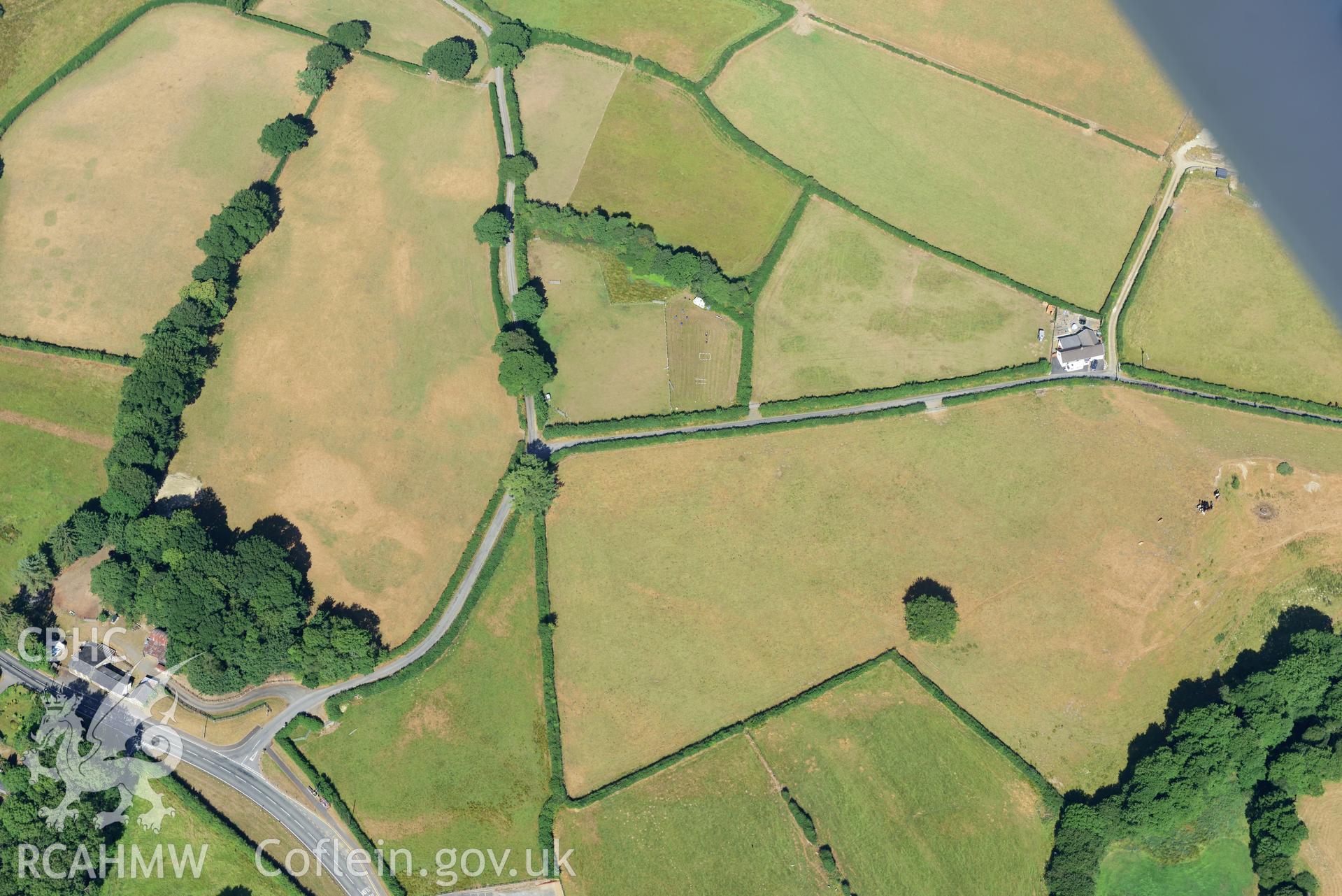 Royal Commission aerial photography of Roman road parchmarks at Aber-Giar or Ffynnon-drain taken on 19th July 2018 during the 2018 drought.