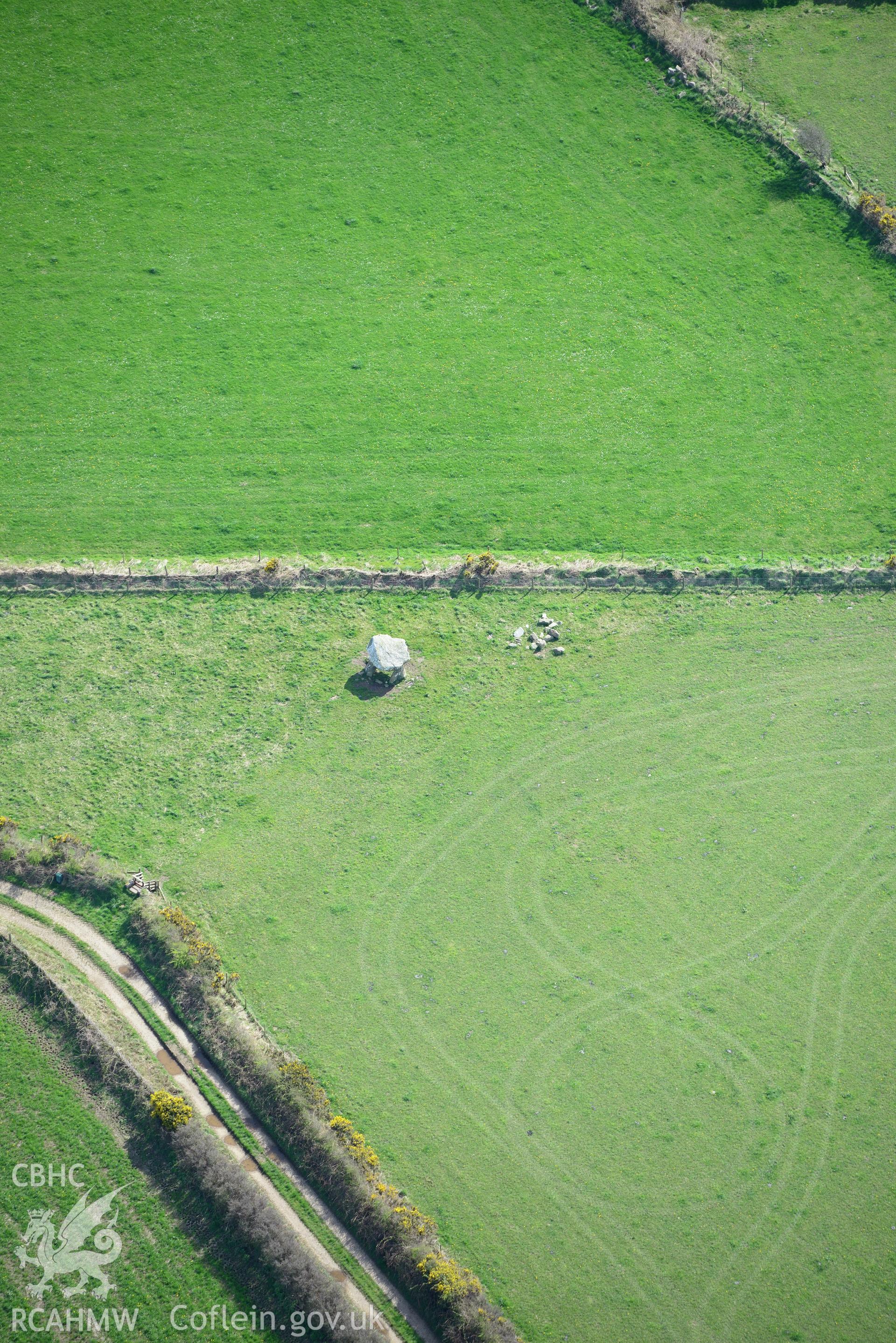 Llech-y-Drybedd. Oblique aerial photograph taken during the Royal Commission's programme of archaeological aerial reconnaissance by Toby Driver on 15th April 2015.