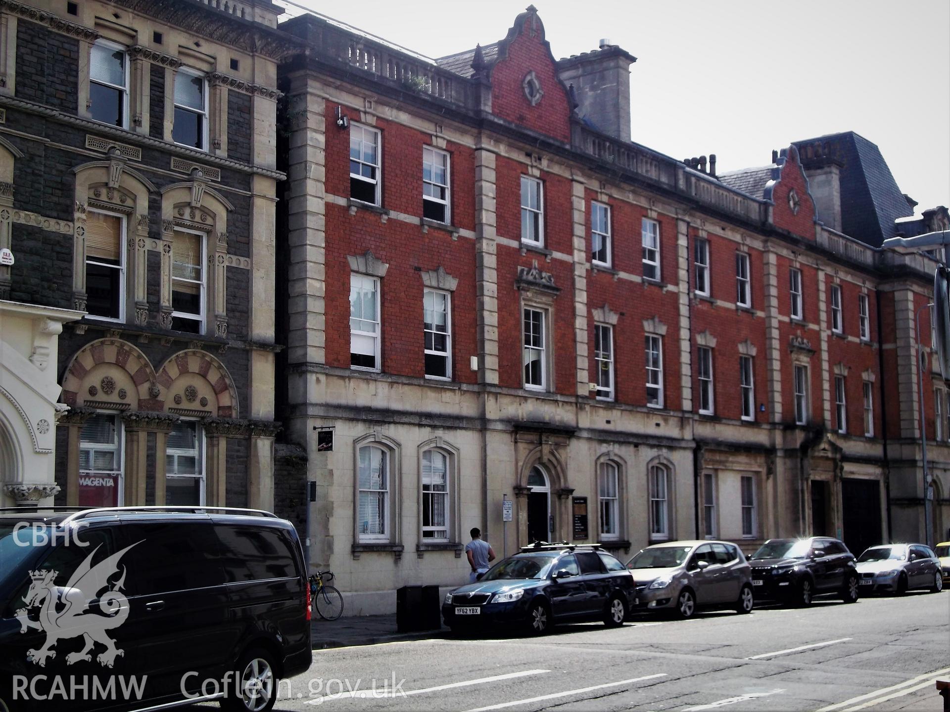 Colour photograph showing exterior of Meandros House, no. 5a Bute Street, Butetown, (part of the Dock Chambers). Taken by Adam Coward on 10th July 2018.