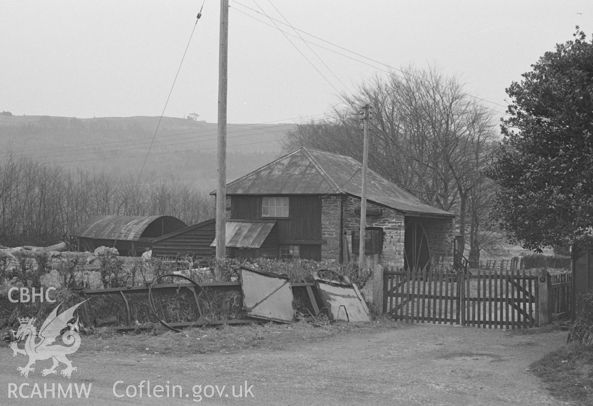 Black and White photograph showing timber mill with waterwheel at Abermagwr, near Trawsgoed, Aberystwyth. Photographed by Arthur Chater in April 1963, from grid reference SN 6657 7381, looking south west.