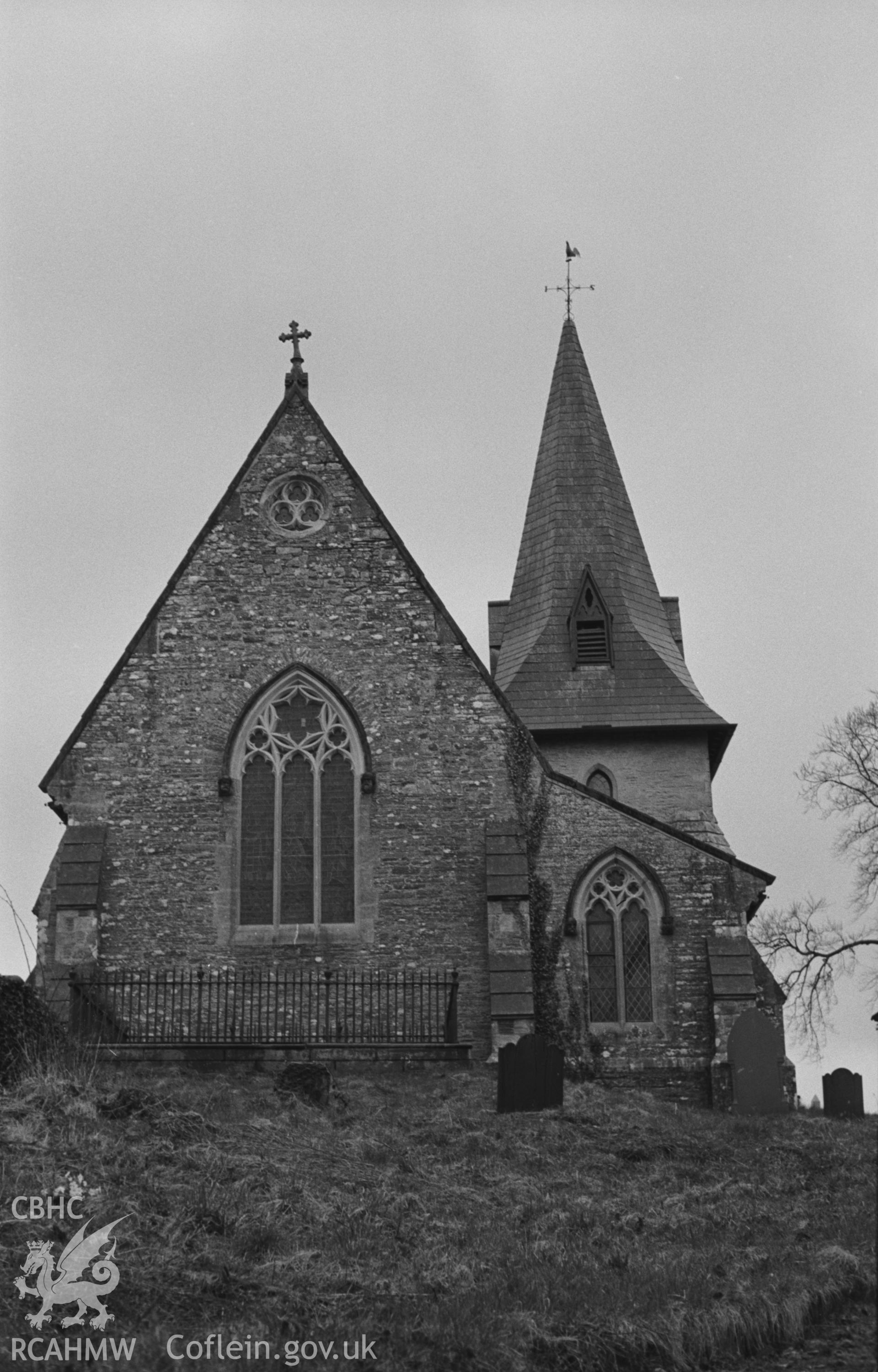 Black and White photograph showing exterior view of Llangynllo church. Photographed by Arthur Chater in April 1962, from Grid Reference SN 352 439, looking east.