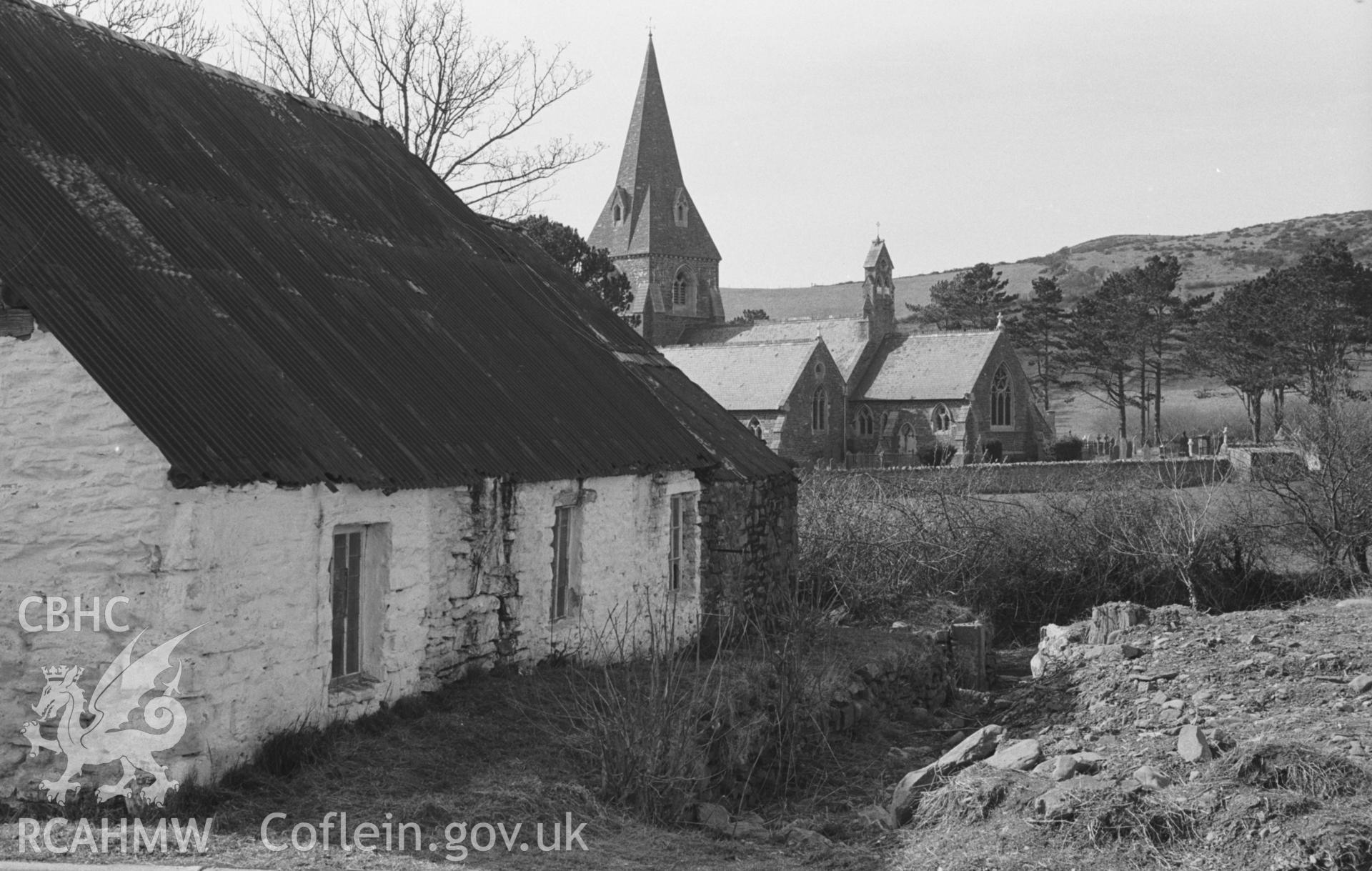 Black and White photograph showing Yarn Factory and church at Llanrhystyd.