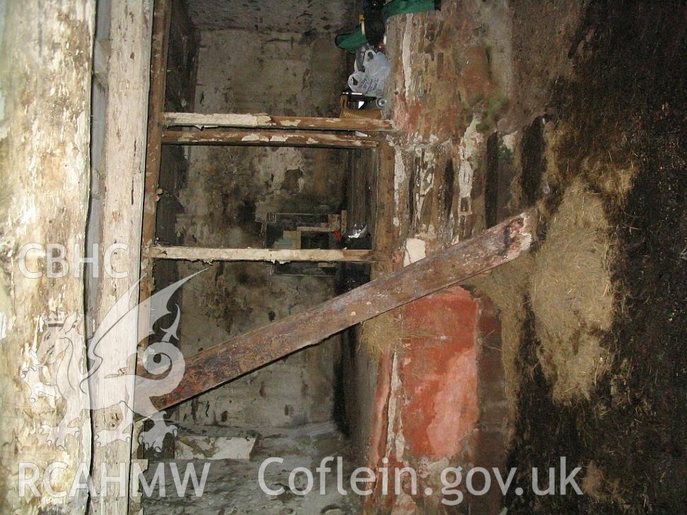 Dwelling end of Allt Ddu farmhouse, dwelling interior looking north, ladder stair.