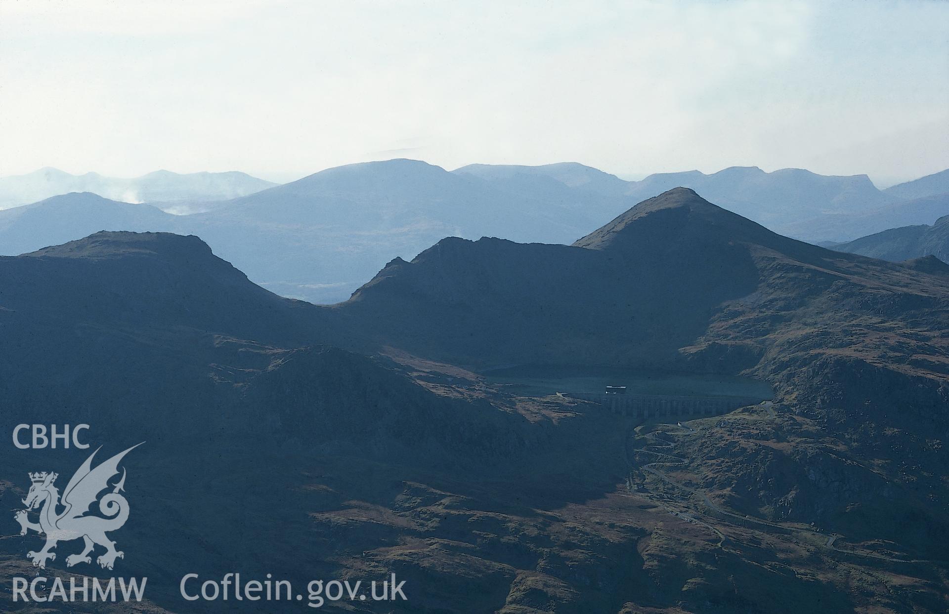 RCAHMW colour slide oblique aerial photograph of Llyn Stwlan Reservoir, Ffestiniog, taken by C.R.Musson on the 30/03/1996