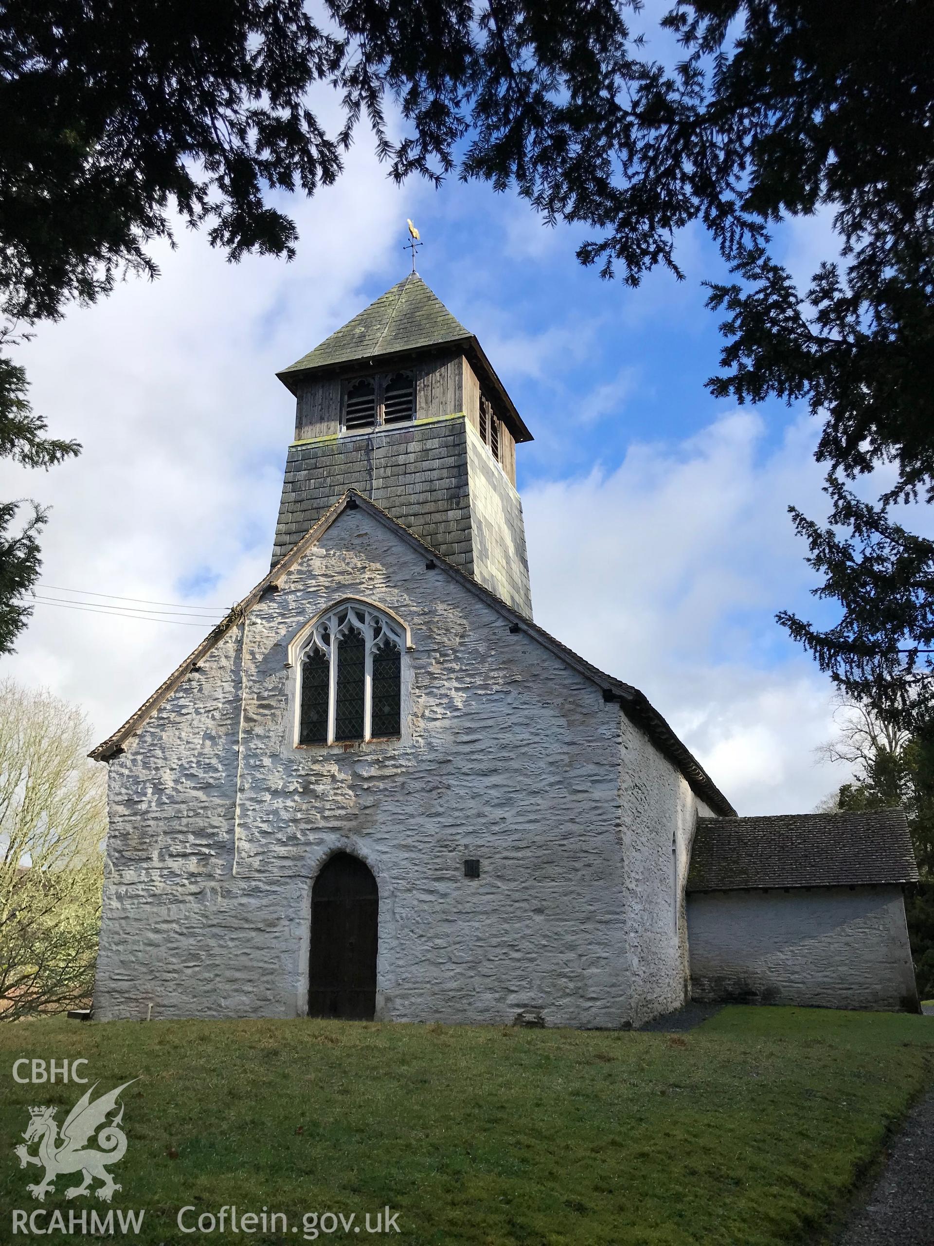 Colour photograph showing exterior view of St. David's church, Glascwm, taken by Paul R. Davis on 10th February 2019.