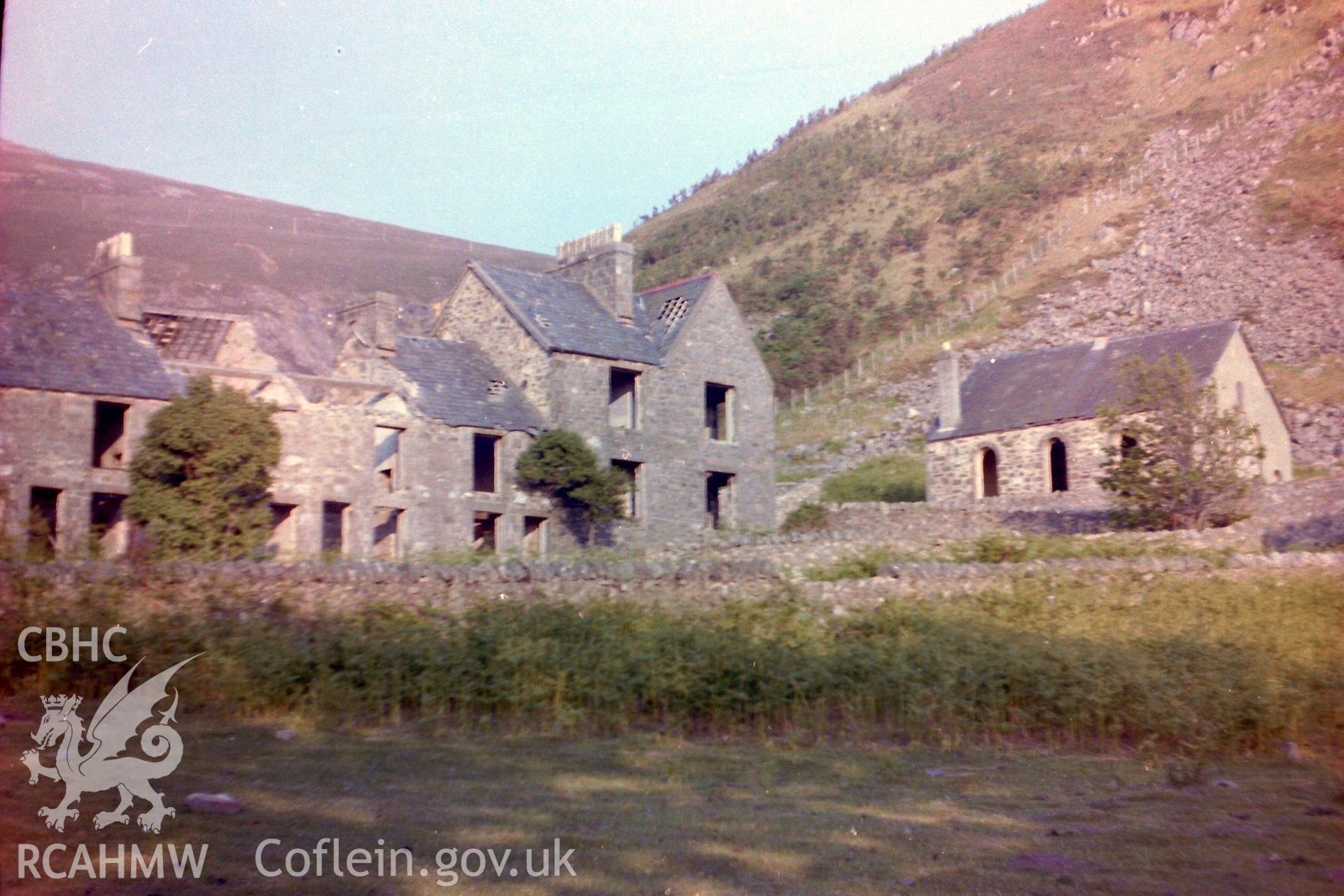 Digitised colour photograph showing front elevation of chapel, bakery and Mountain View terrace at Porth-y-Nant. Produced for dissertation: 'The Form and Architecture of Nineteenth Century Industrial Settlements in Rural Wales' by Martin Davies, 1979.