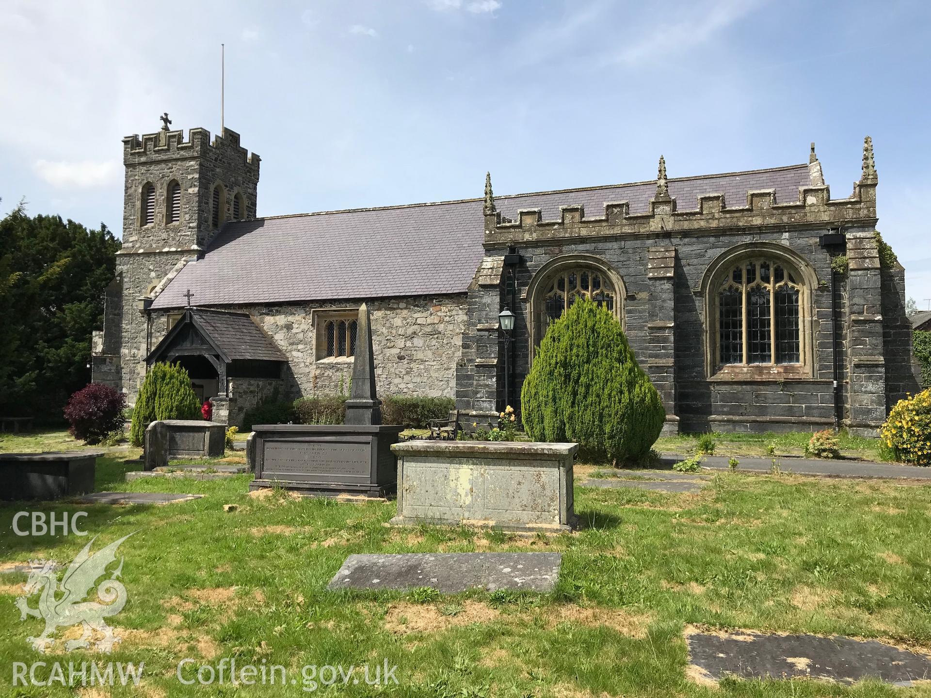 Colour photo showing external view of St. Grwst's Church and graveyard, Llanrwst, taken by Paul R. Davis, 23rd June 2018.