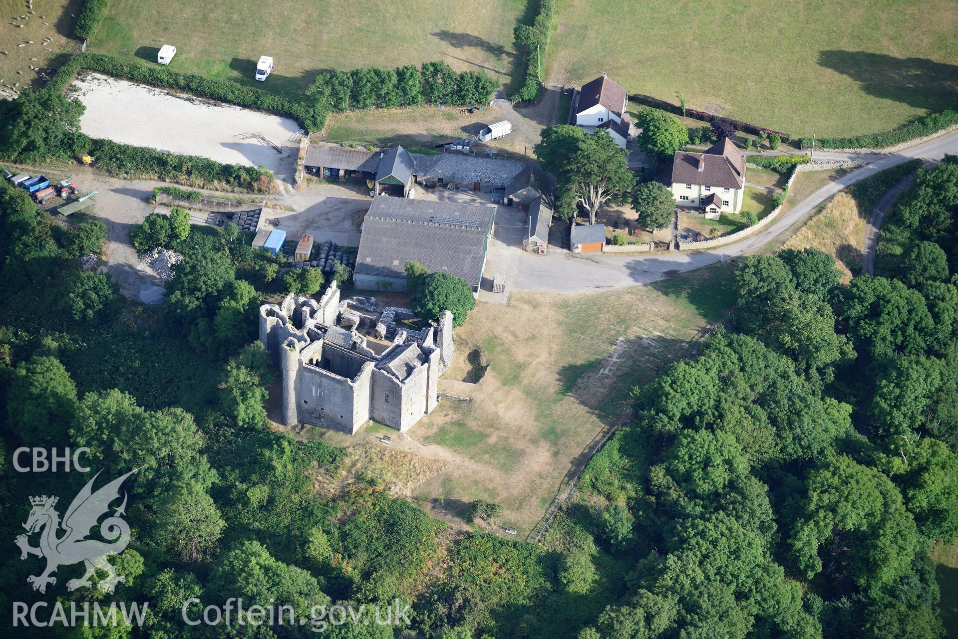 Royal Commission aerial photography of Weobley Castle, with parchmarks, taken on 17th July 2018 during the 2018 drought.