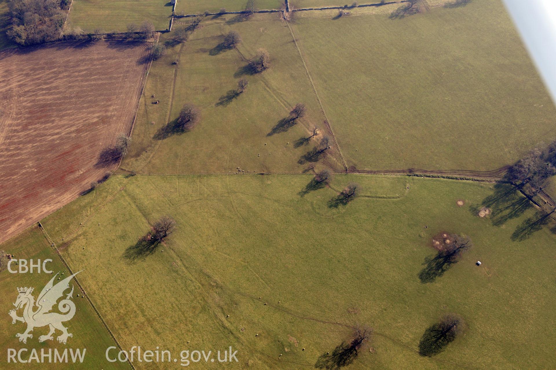 Plas Heaton park, Henllan. Oblique aerial photograph taken during the Royal Commission?s programme of archaeological aerial reconnaissance by Toby Driver on 28th February 2013.