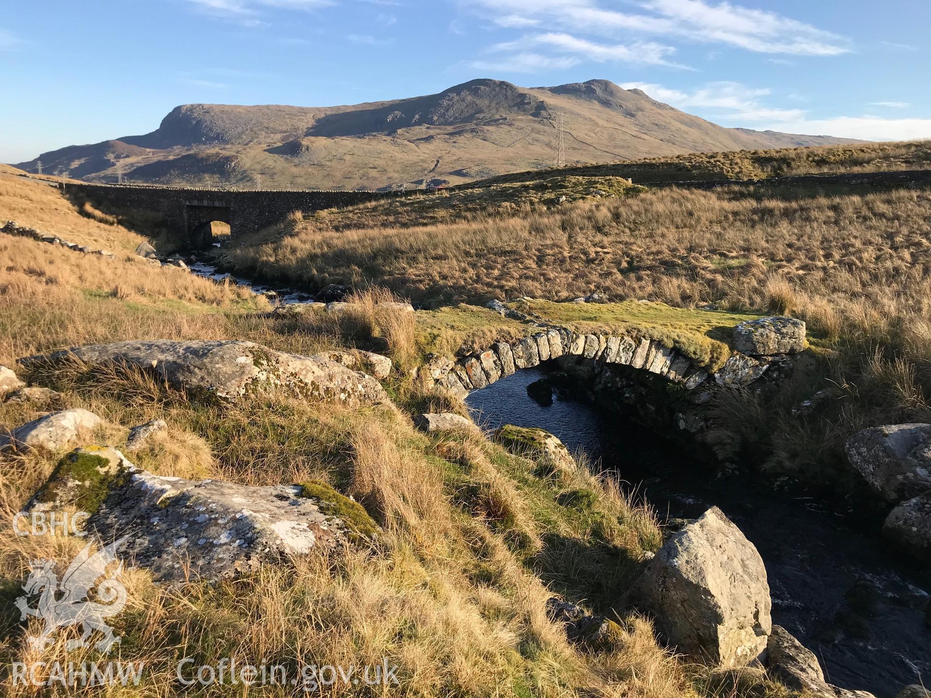 Colour photograph of Borrows Bridge with Pont Taihirion bridge beyond, Llanycil, between Blaenau Ffestiniog and Bala, taken by Paul R. Davis on 15th February 2019.