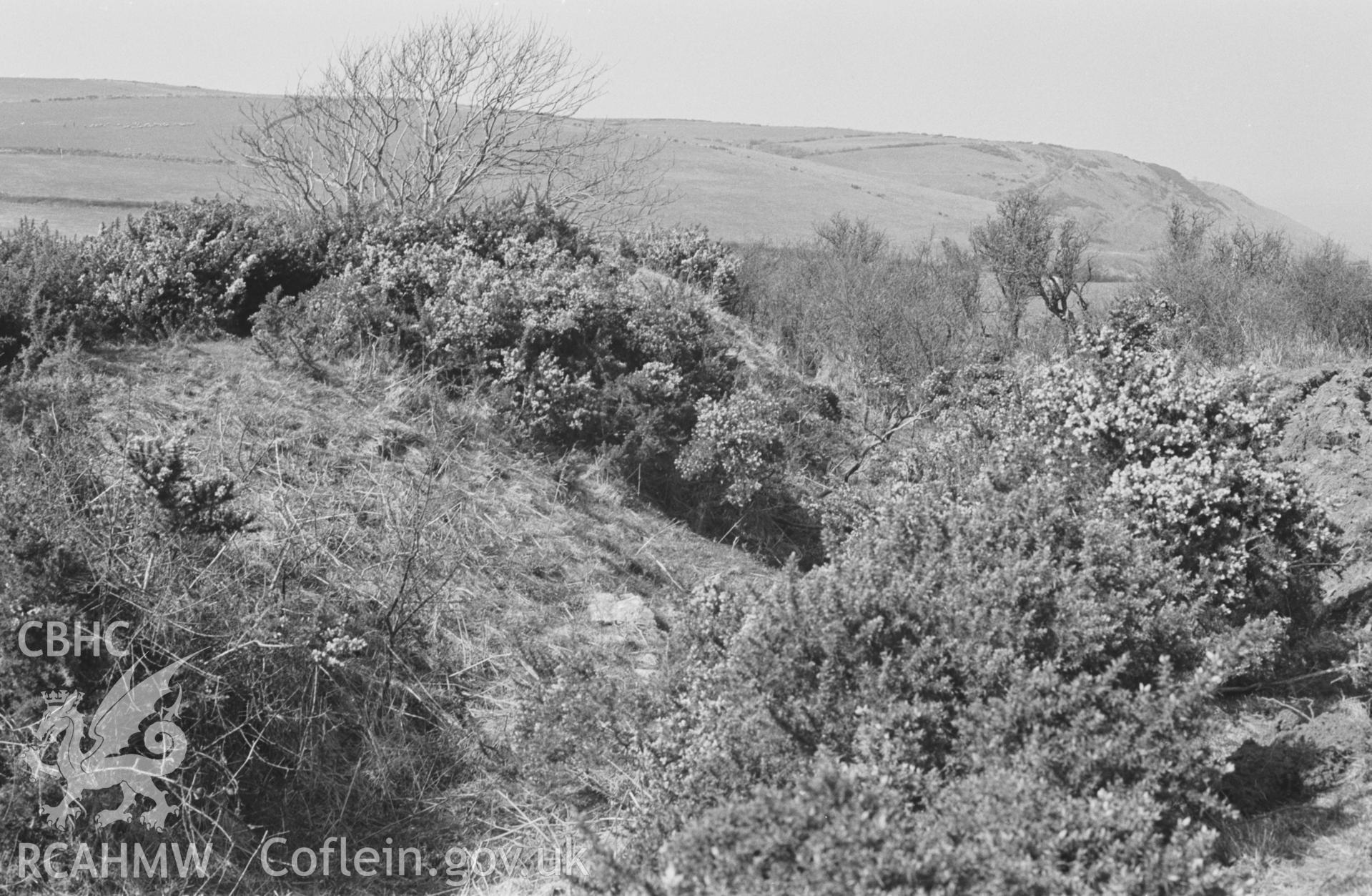 Digital copy of a black and white negative showing The Castell, looking north along the ditch on the outside of the east rampart. Photographed by Arthur O. Chater in April 1968. (Grid Reference SN 356 555).