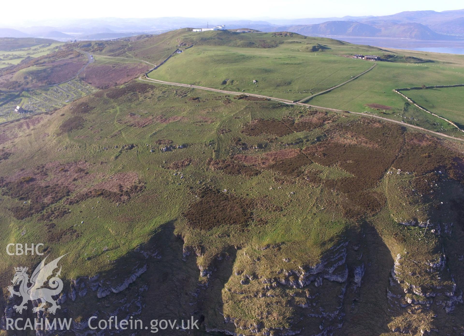 Colour photo showing aerial view of Hwylfa'r Ceirw deserted rural settlement on the Great Orme, Llandudno, taken by Paul R. Davis, 19th April 2018.