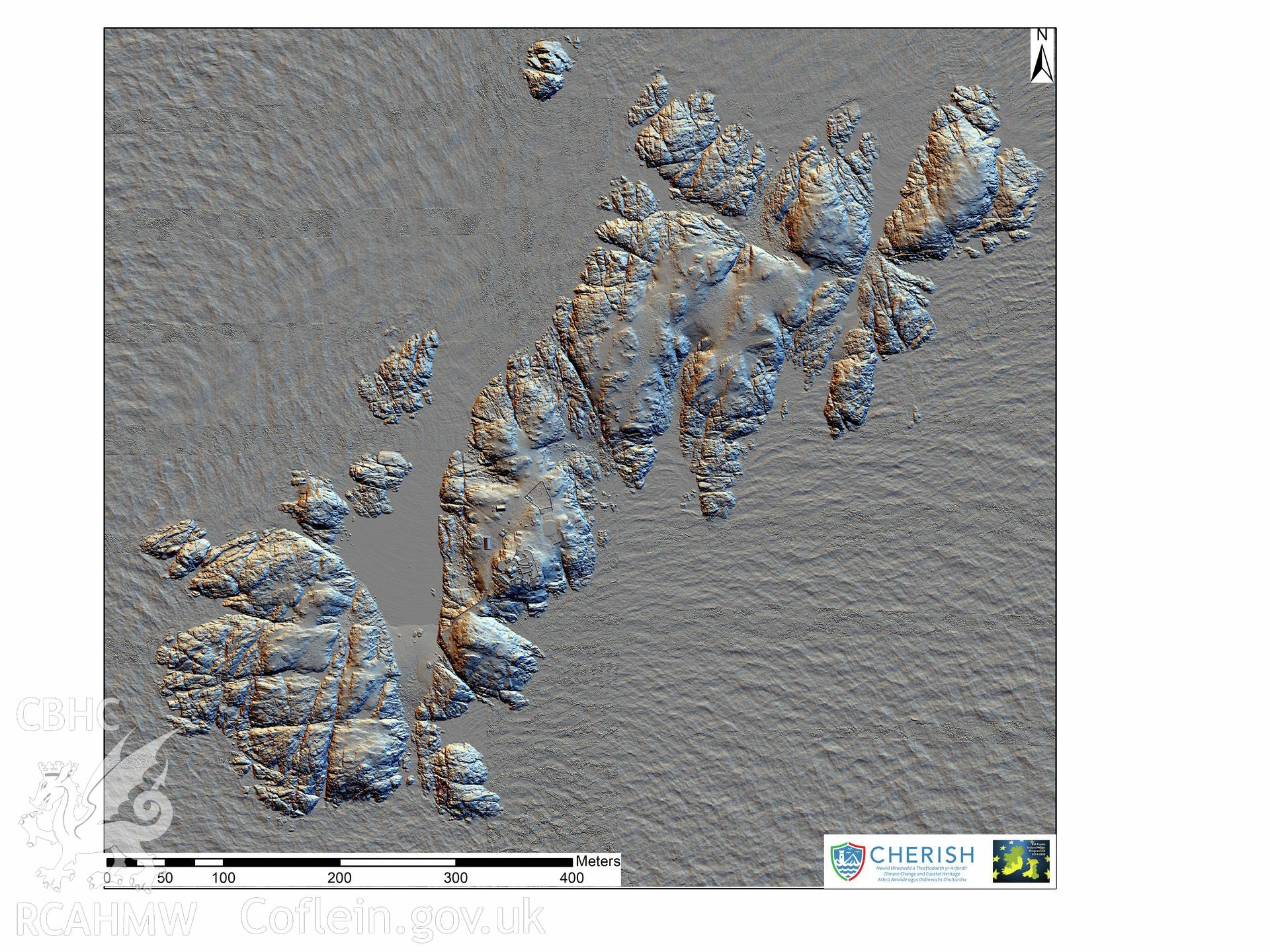 Ynysoedd y Moelrhoniaid (The Skerries islet). Airborne laser scanning (LiDAR) commissioned by the CHERISH Project 2017-2021, flown by Bluesky International LTD at low tide on 24th February 2017. View showing The Skerries Islet and its lighthouse. This LiDAR reading is showing a digital surface model (DSM) with multi hill shading.