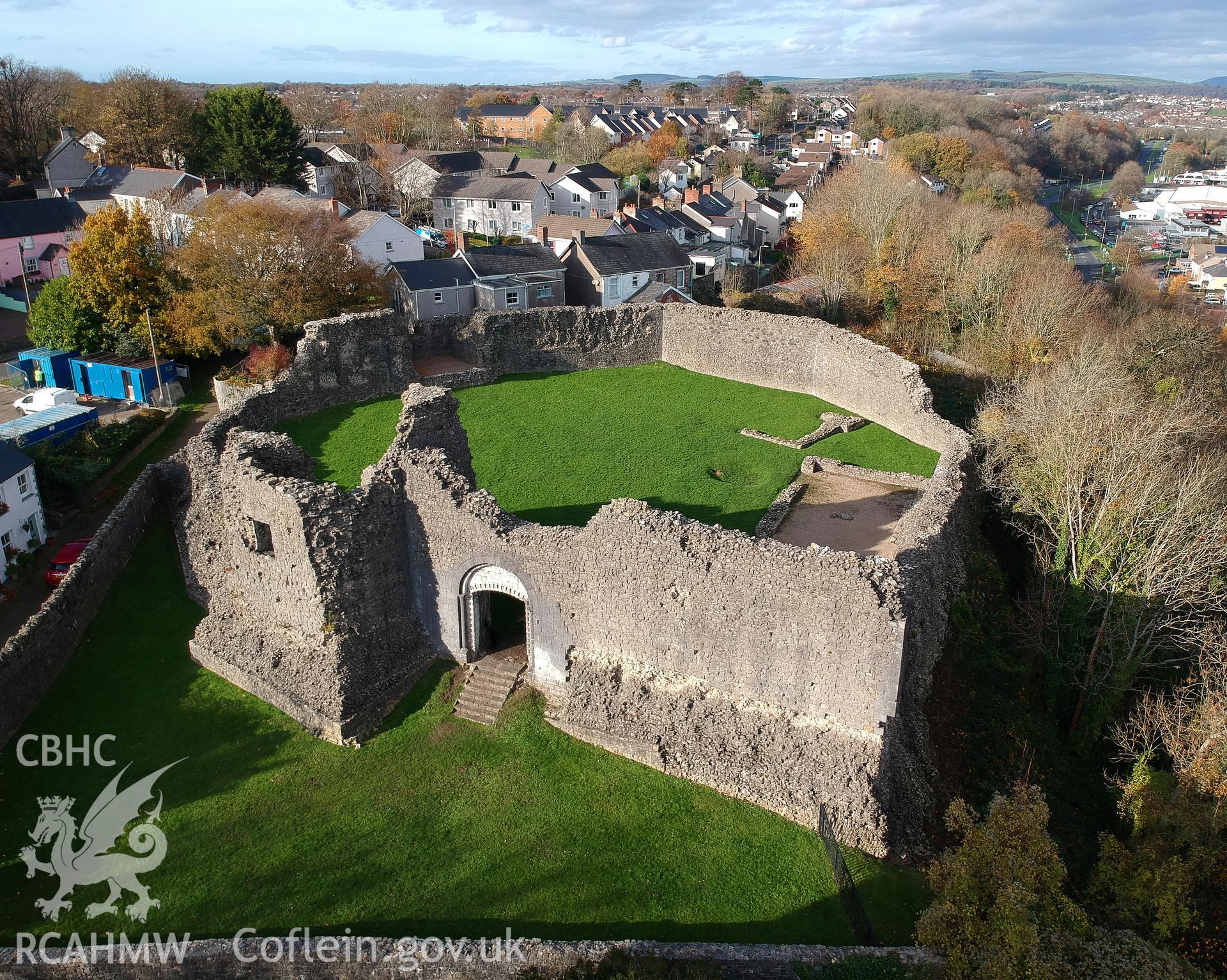 Aerial view of Newcastle castle, Bridgend. Colour photograph taken by Paul R. Davis on 14th November 2018.