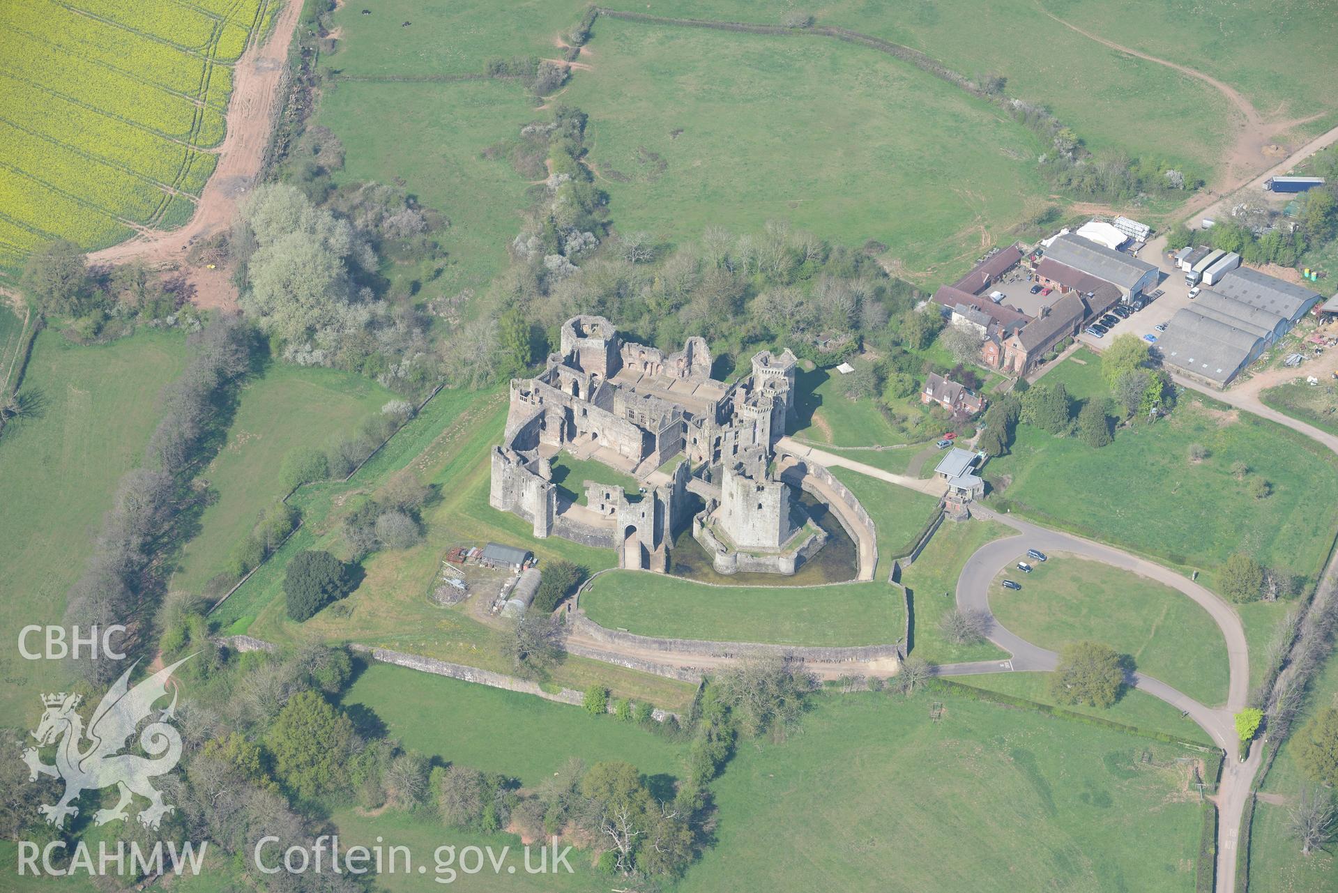 Raglan Castle, Gardens and Farm. Oblique aerial photograph taken during the Royal Commission's programme of archaeological aerial reconnaissance by Toby Driver on 21st April 2015