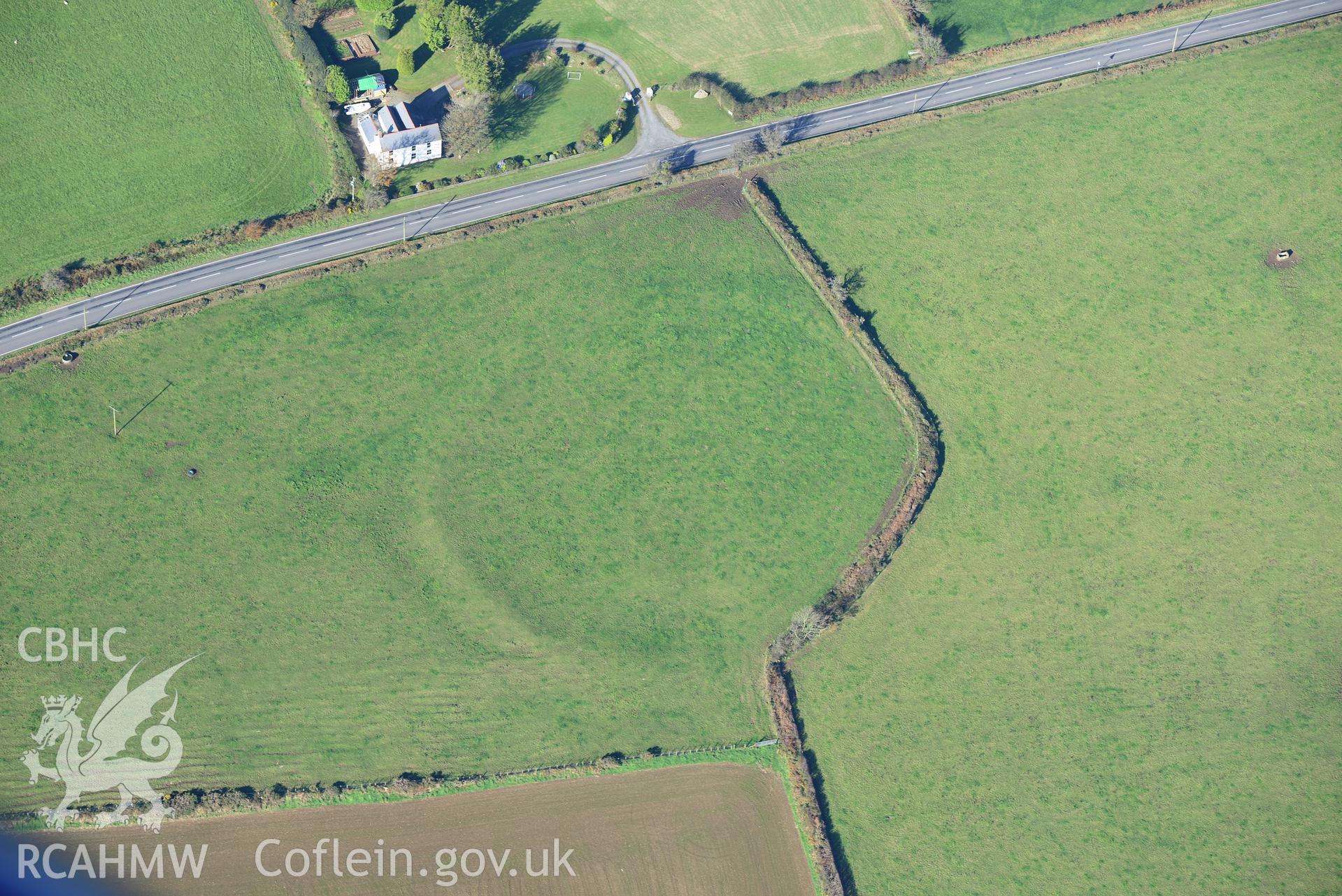 Castell Garw defended enclosure, Glandy Cross near Narberth. Oblique aerial photograph taken during the Royal Commission's programme of archaeological aerial reconnaissance by Toby Driver on 2nd November 2015.