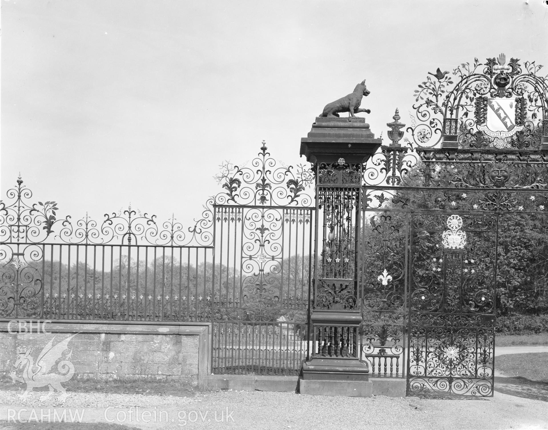 Digital copy of an acetate negative showing view of Chirk Castle gates taken by Department of Environment in 1977.