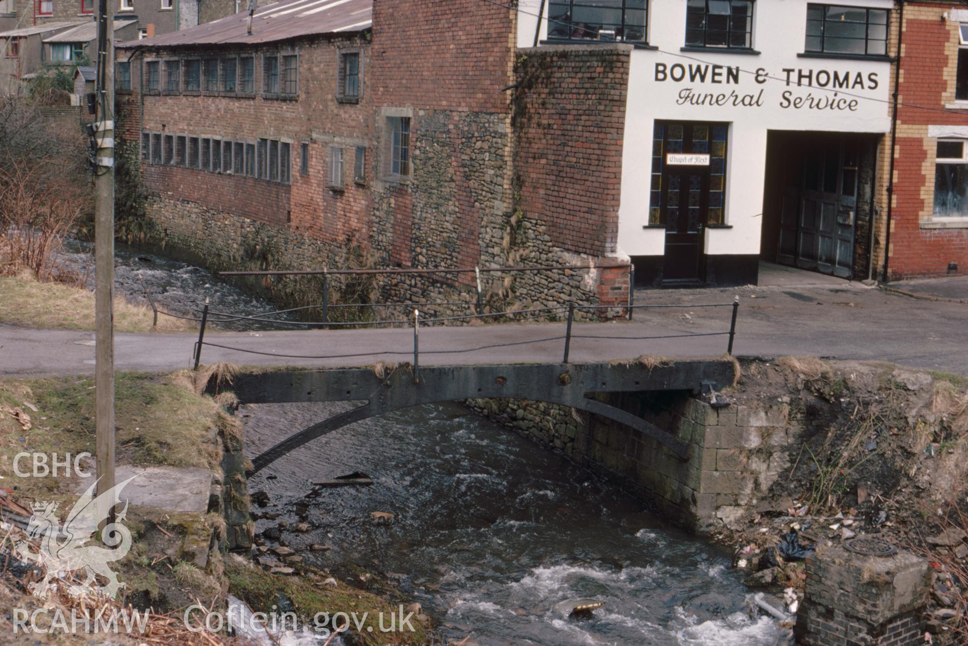 Digital copy of a colour slide showing view of Maesteg Iron Bridge, taken by Douglas Hague, 1979.