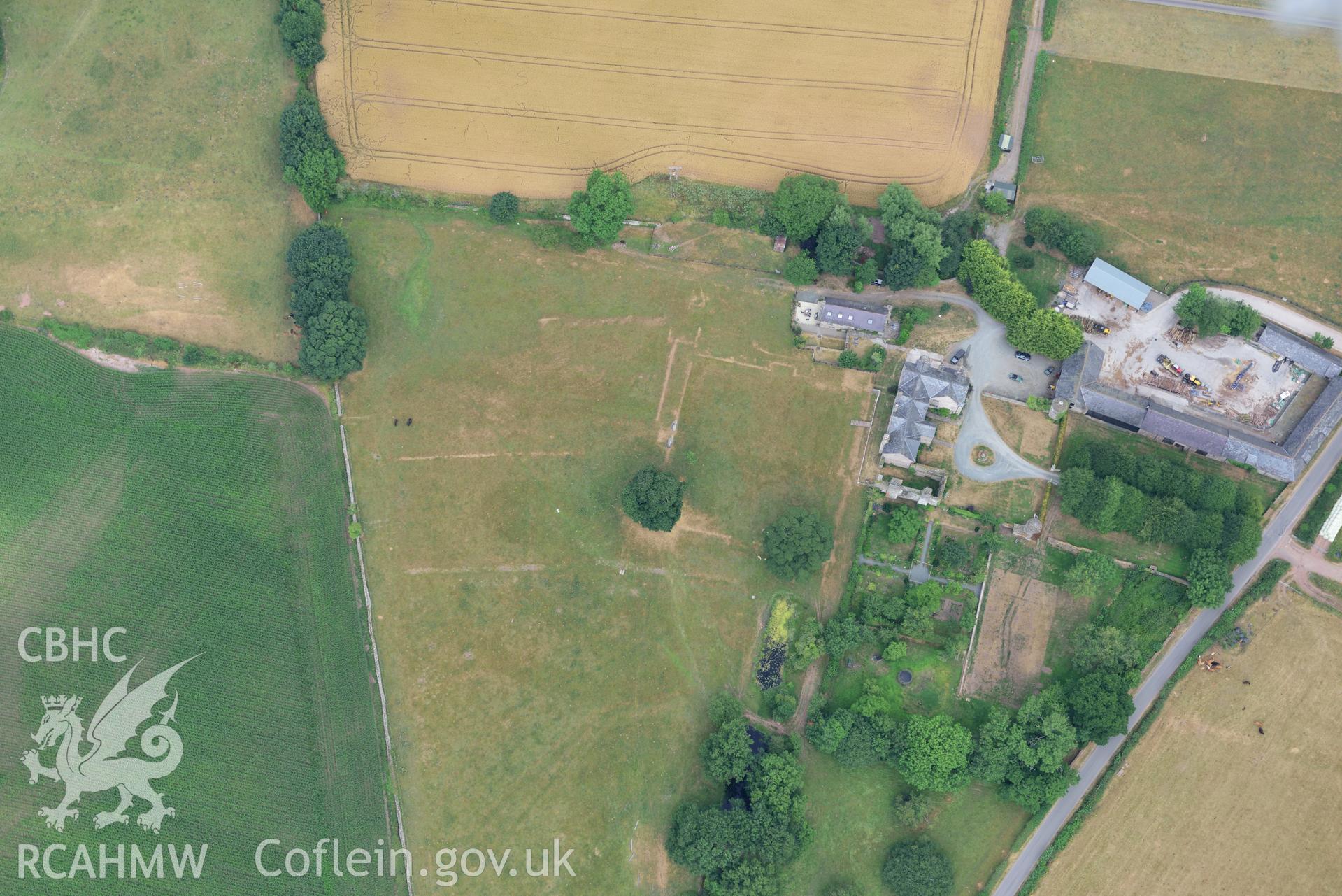 Royal Commission aerial photography of Old Gwernyfed, with parchmarks, taken on 19th July 2018 during the 2018 drought.