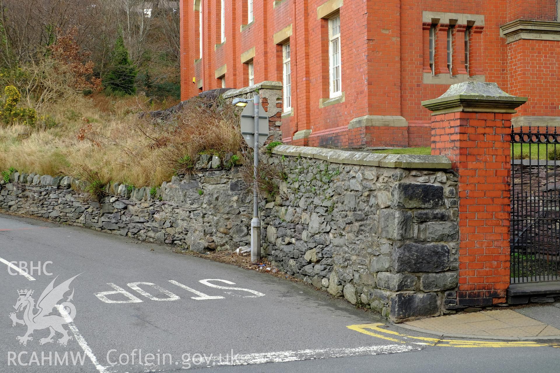 Colour photograph showing view of Capel Bethania, Bethesda's road side wall on the west side, produced by Richard Hayman 2nd February 2017