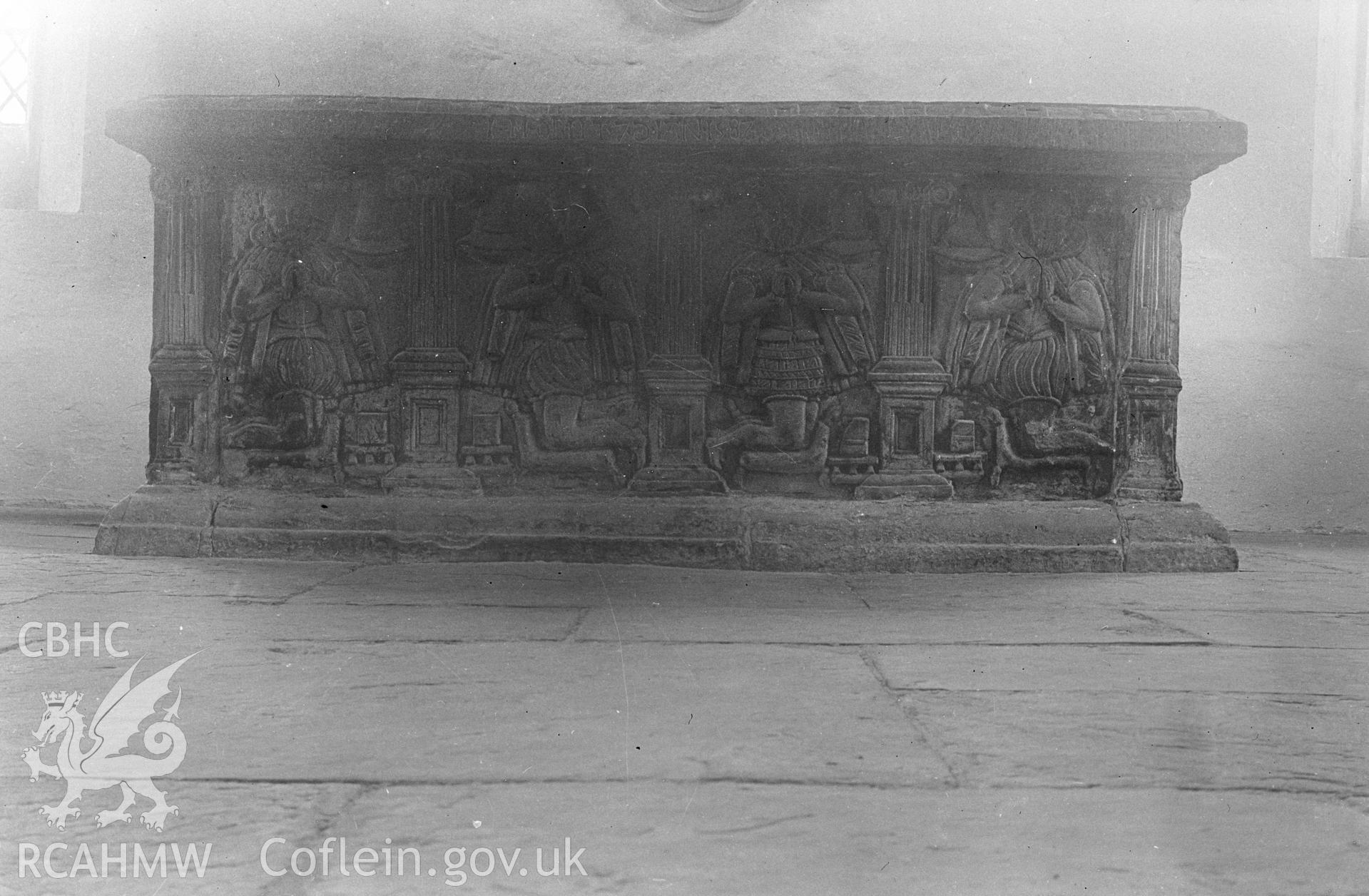 Digital copy of a nitrate negative showing decorated tomb in the church on at the Skenfrith Castle site taken by Leonard Monroe.