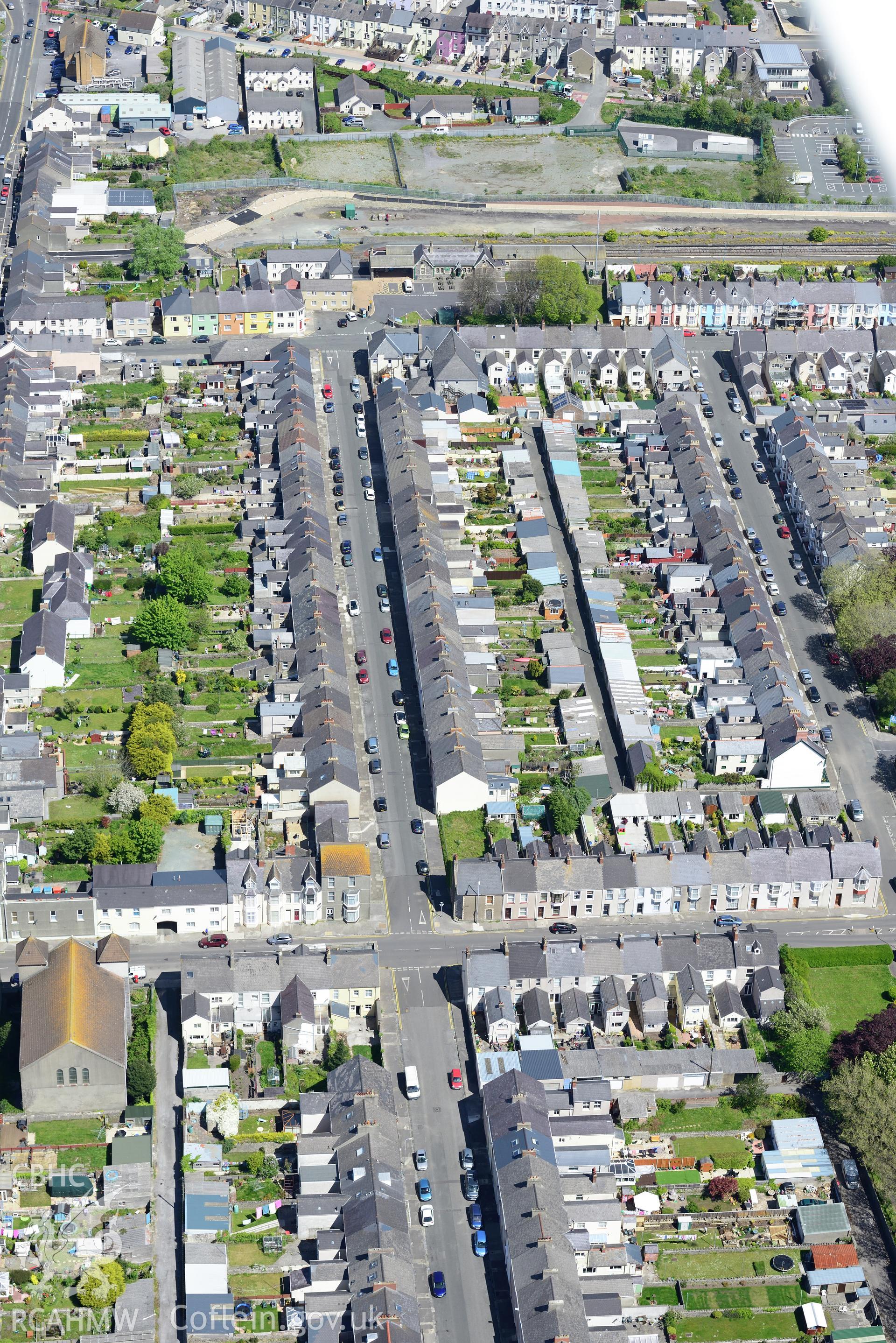 The back of St. Andrew's English Presbyterian Chapel, Pembroke Dock. Oblique aerial photograph taken during the Royal Commission's programme of archaeological aerial reconnaissance by Toby Driver on 13th May 2015.