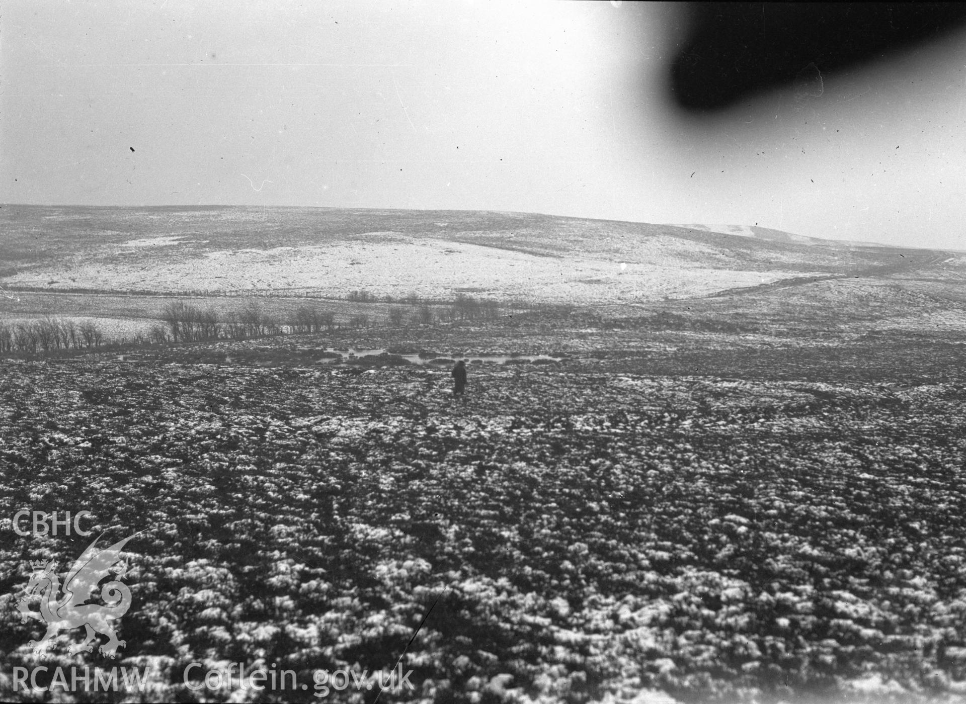 Digital copy of nitrate negative showing Capel Hiraethog cairn. From the Cadw Monuments in Care Collection.