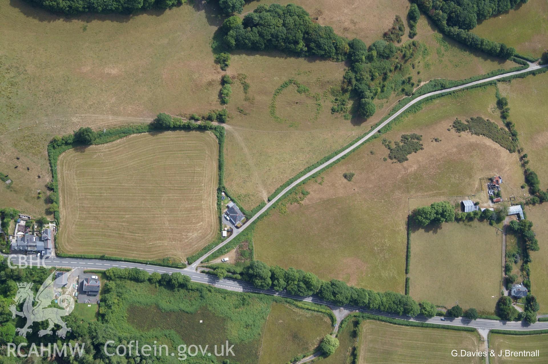 Aerial photograph of cropmarks on the south western outskirts of Talybont, taken by Glyn Davies and Jonathan Brentnall on 21st July 2018 under drought conditions.