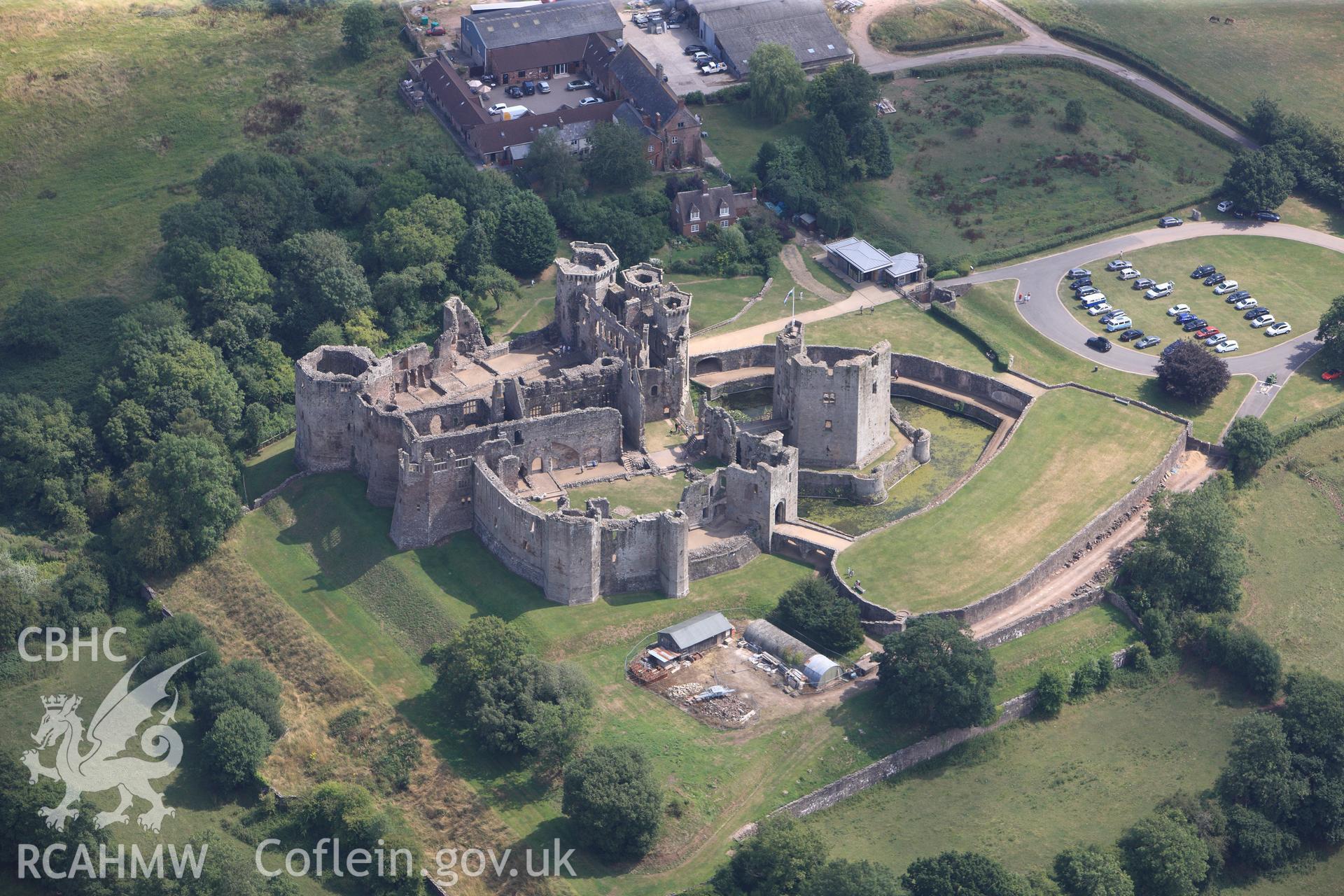 Raglan Castle, Raglan Castle Gardens and Castle Farm, Raglan, south west of Monmouth. Oblique aerial photograph taken during the Royal Commission?s programme of archaeological aerial reconnaissance by Toby Driver on 1st August 2013.