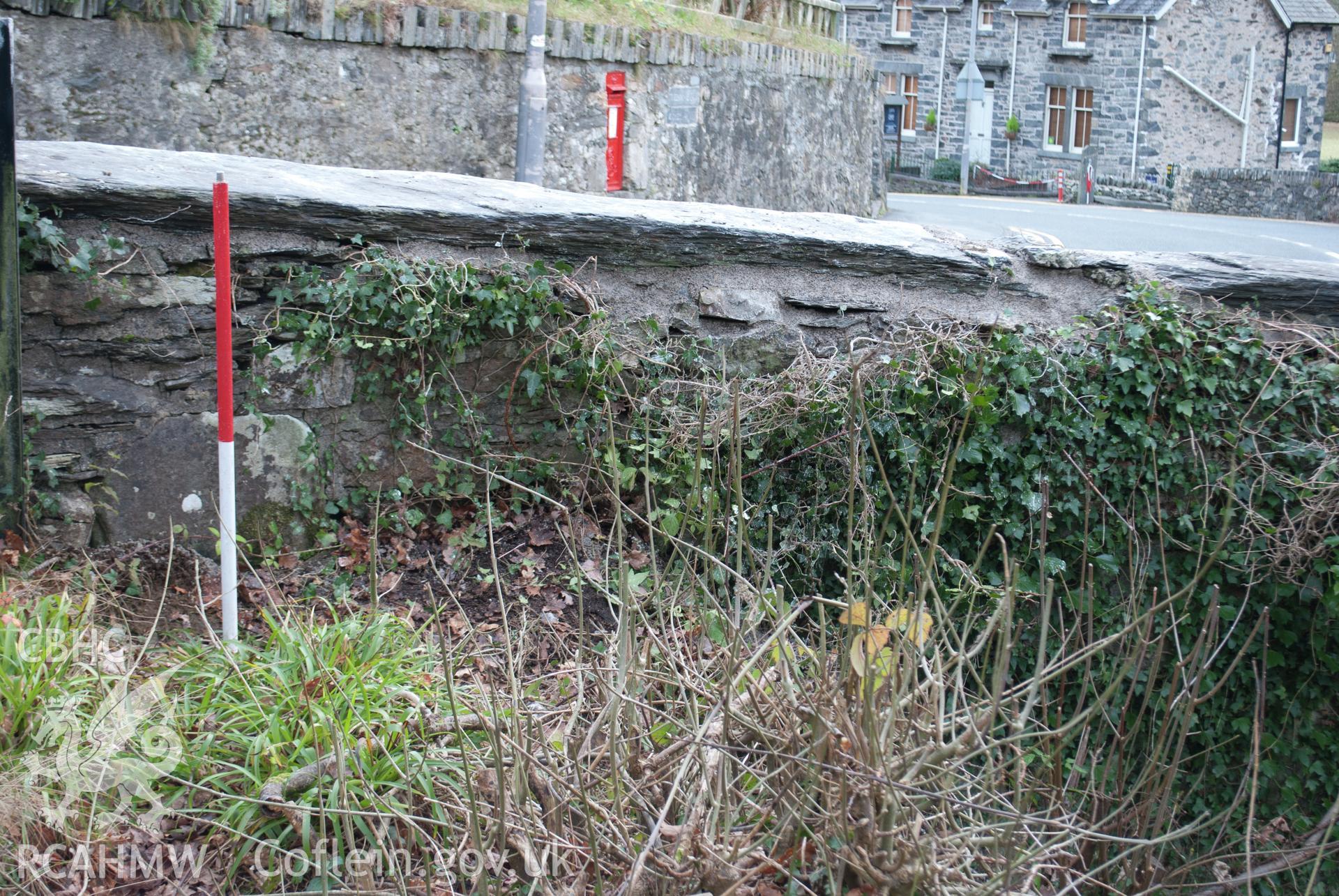 View of riverward side of the repaired northwest section of Pont y Pair parapet. View from the west north west. Digital photograph taken for Archaeological Watching Brief at Pont y Pair, Betws y Coed, 2019. Gwynedd Archaeological Trust Project no. G2587.