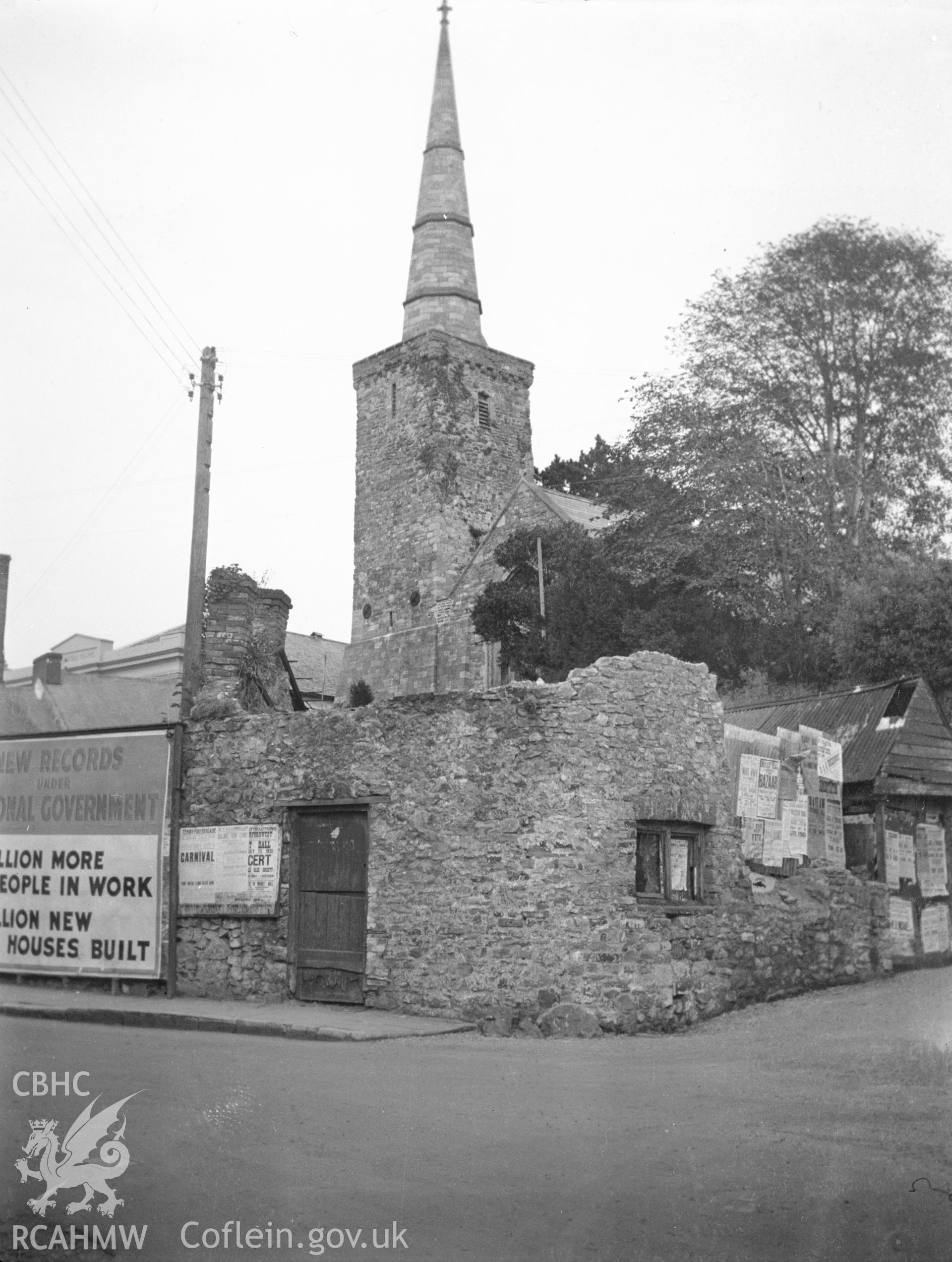 Digital copy of a nitrate negative showing exterior view of St Martin's Church, Haverfordwest, taken circa 1935. From the National Building Record Postcard Collection.