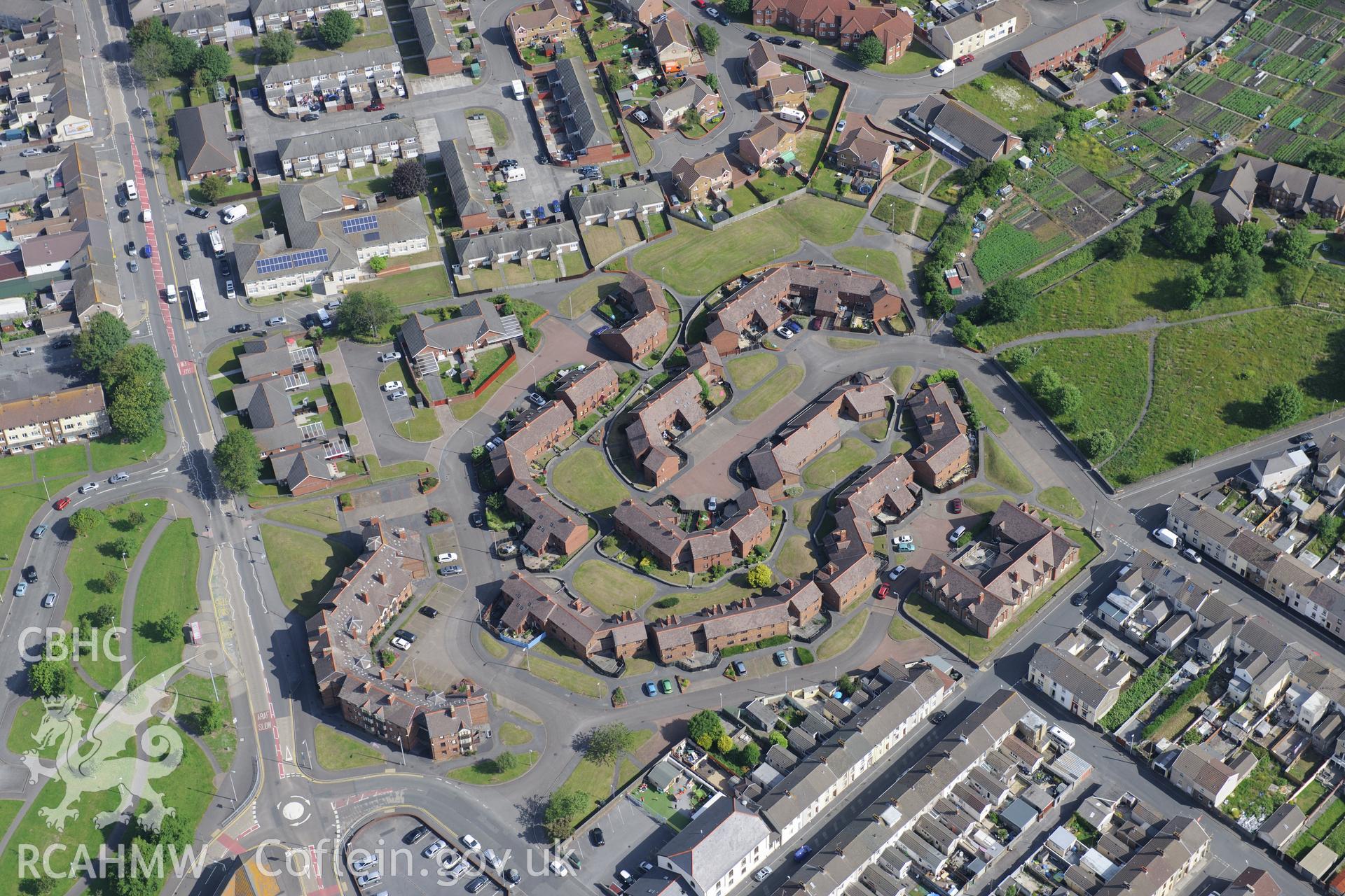 Housing at St. Paul's close; site of St. Paul's Church and Soar Welsh Independent Chapel, Llanelli. Oblique aerial photograph taken during the Royal Commission's programme of archaeological aerial reconnaissance by Toby Driver on 19th June 2015.