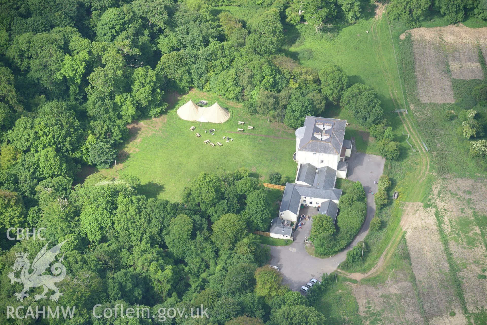 Stout Hall house and garden, Reynoldston. Oblique aerial photograph taken during the Royal Commission's programme of archaeological aerial reconnaissance by Toby Driver on 19th June 2015.