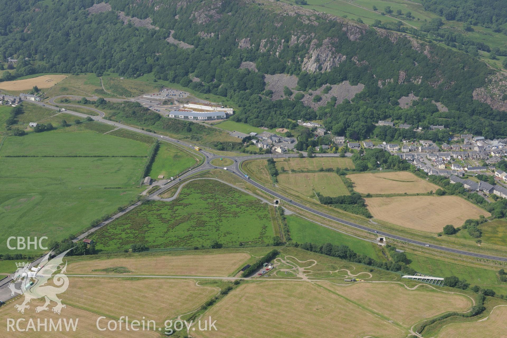 The Roman Bath House at Tremadog, near Porthmadog. Oblique aerial photograph taken during the Royal Commission?s programme of archaeological aerial reconnaissance by Toby Driver on 12th July 2013.