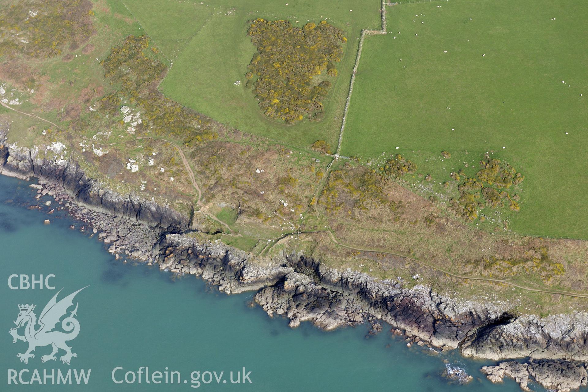 Aerial photography of Penmaenmelyn copper mine with coastal erosion, taken on 27th March 2017. Baseline aerial reconnaissance survey for the CHERISH Project. ? Crown: CHERISH PROJECT 2019. Produced with EU funds through the Ireland Wales Co-operation Programme 2014-2020. All material made freely available through the Open Government Licence.