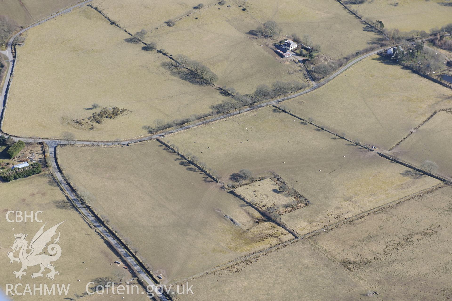 Castell Talwrn, Trefenter, east of Llanrhystud. Oblique aerial photograph taken during the Royal Commission's programme of archaeological aerial reconnaissance by Toby Driver on 2nd April 2013.