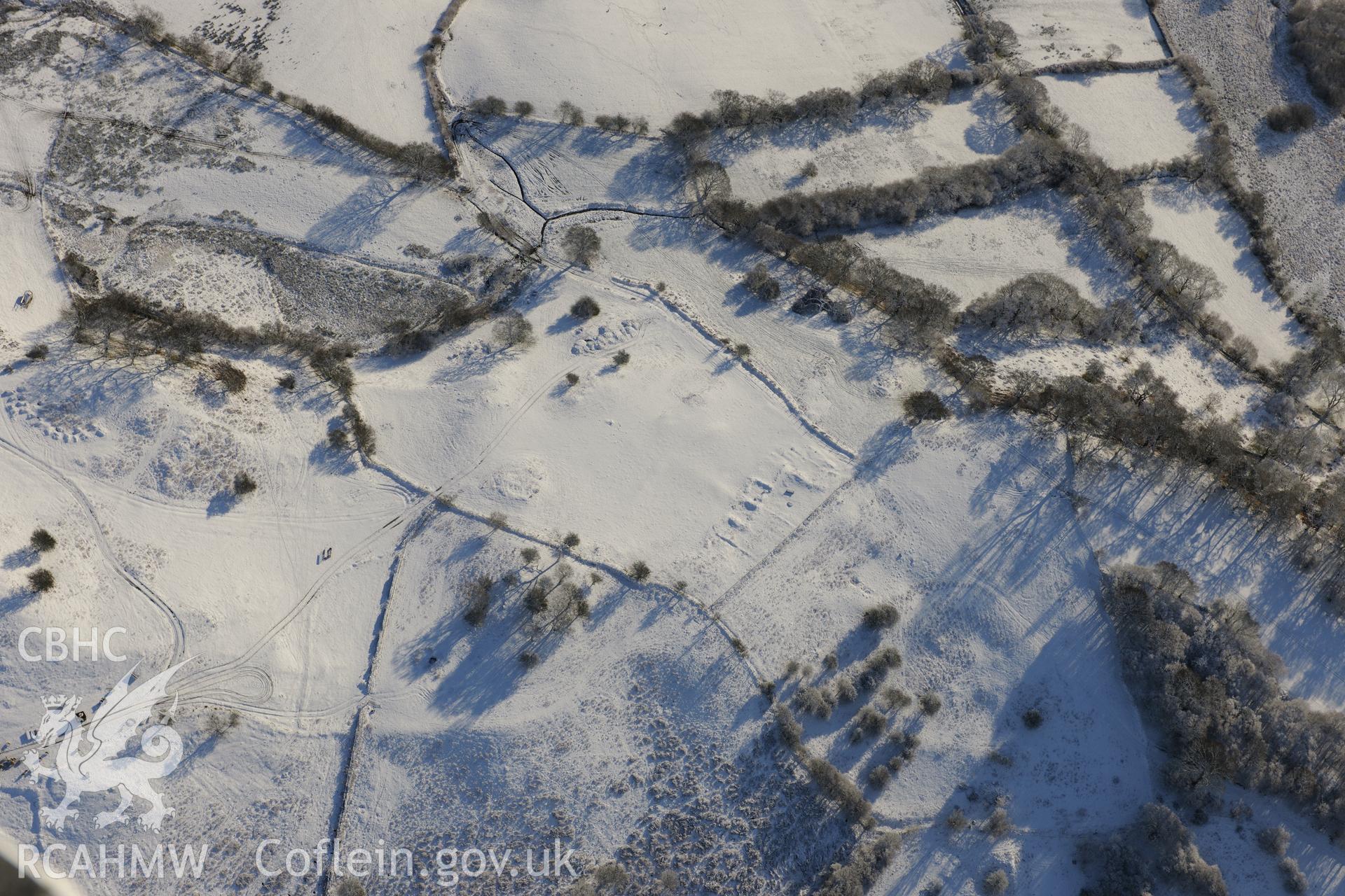 Upper House platform house and deserted rural settlement, Glascwm, between Builth Wells and Llandrindod Wells. Oblique aerial photograph taken during the Royal Commission?s programme of archaeological aerial reconnaissance by Toby Driver on 15th January 2013.