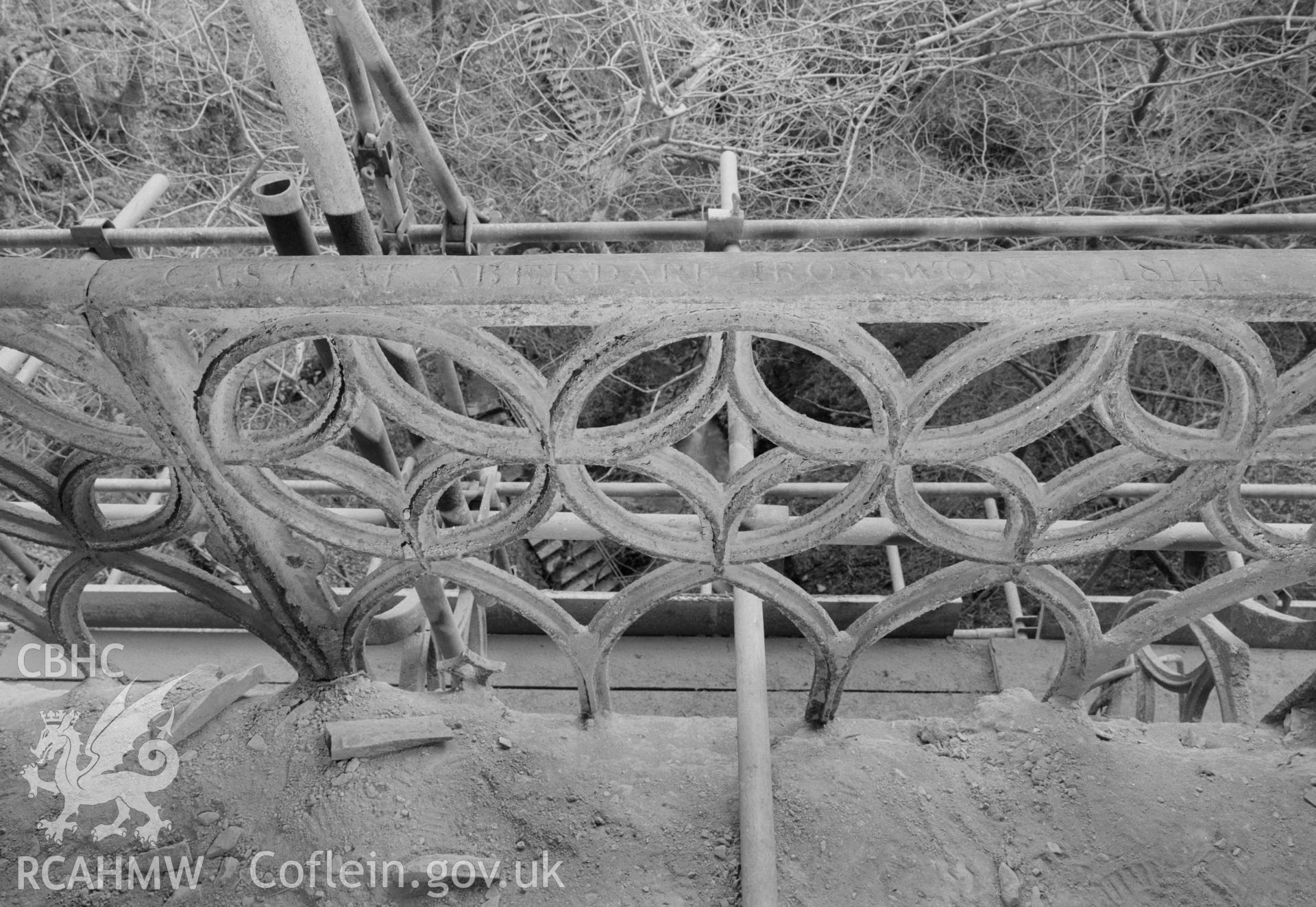 Digital copy of a black and white nitrate negative showing ornate railings at Devils Bridge, taken by RCAHMW, undated.