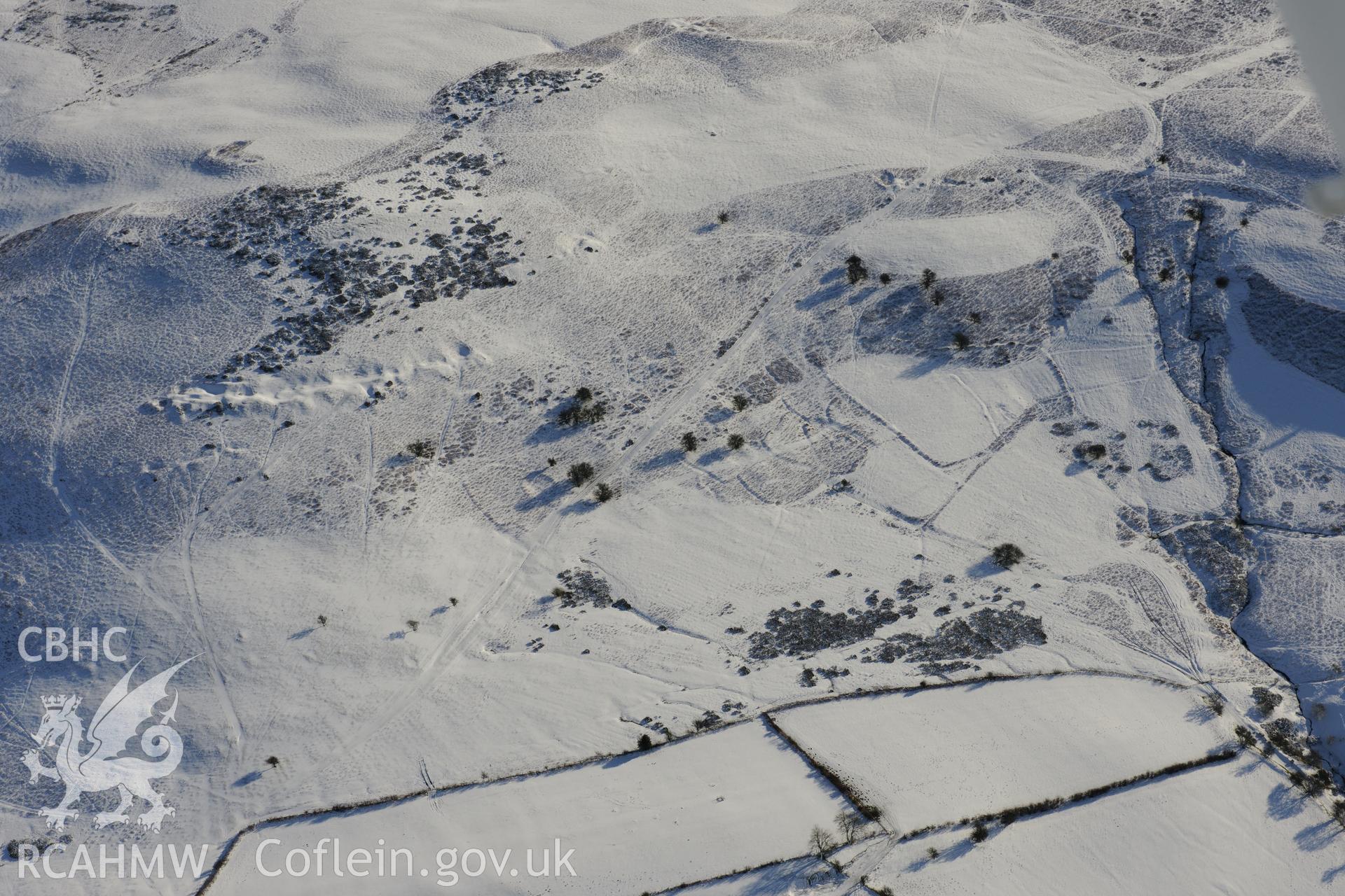 Pentre Jack deserted rural settlement, Painscastle, south east of Builth Wells. Oblique aerial photograph taken during the Royal Commission?s programme of archaeological aerial reconnaissance by Toby Driver on 15th January 2013.