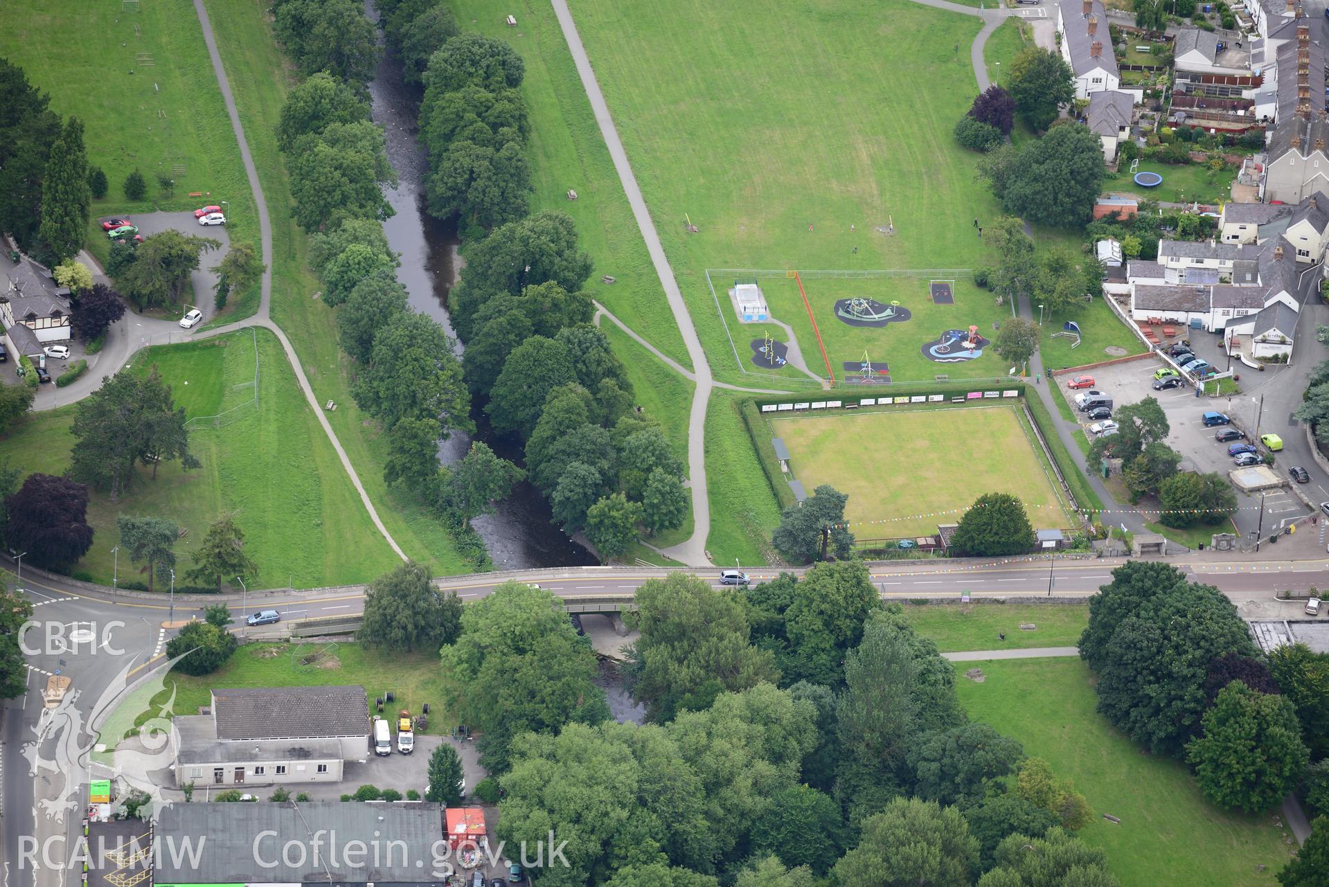 St. Asaph bridge and bowling green. Oblique aerial photograph taken during the Royal Commission's programme of archaeological aerial reconnaissance by Toby Driver on 30th July 2015.