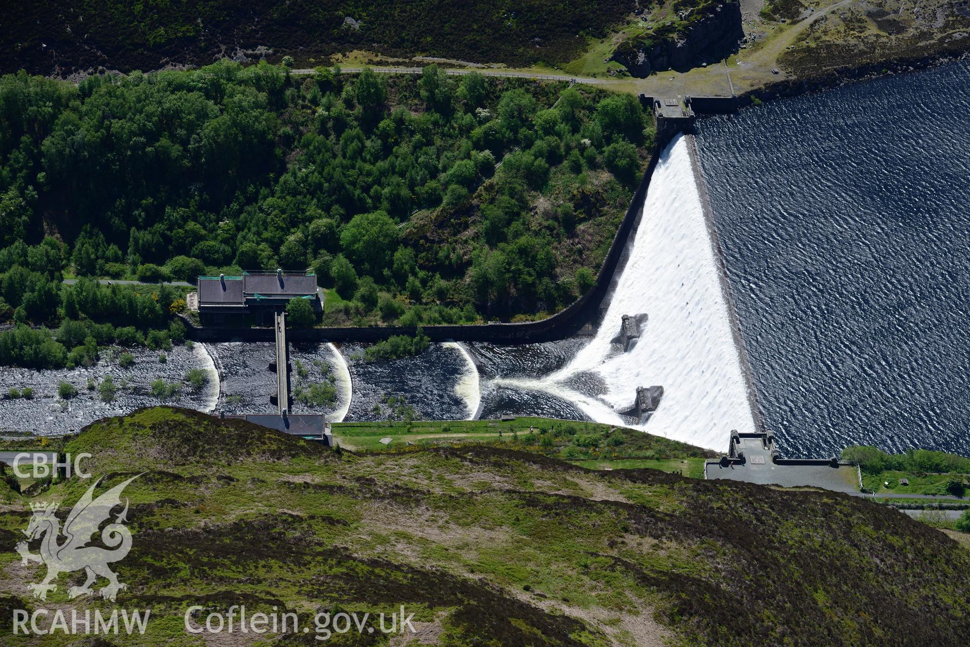 Caban Coch Dam, Reservoir and hydro electric stations, Elan Valley Water Scheme. Oblique aerial photograph taken during the Royal Commission's programme of archaeological aerial reconnaissance by Toby Driver on 3rd June 2015.