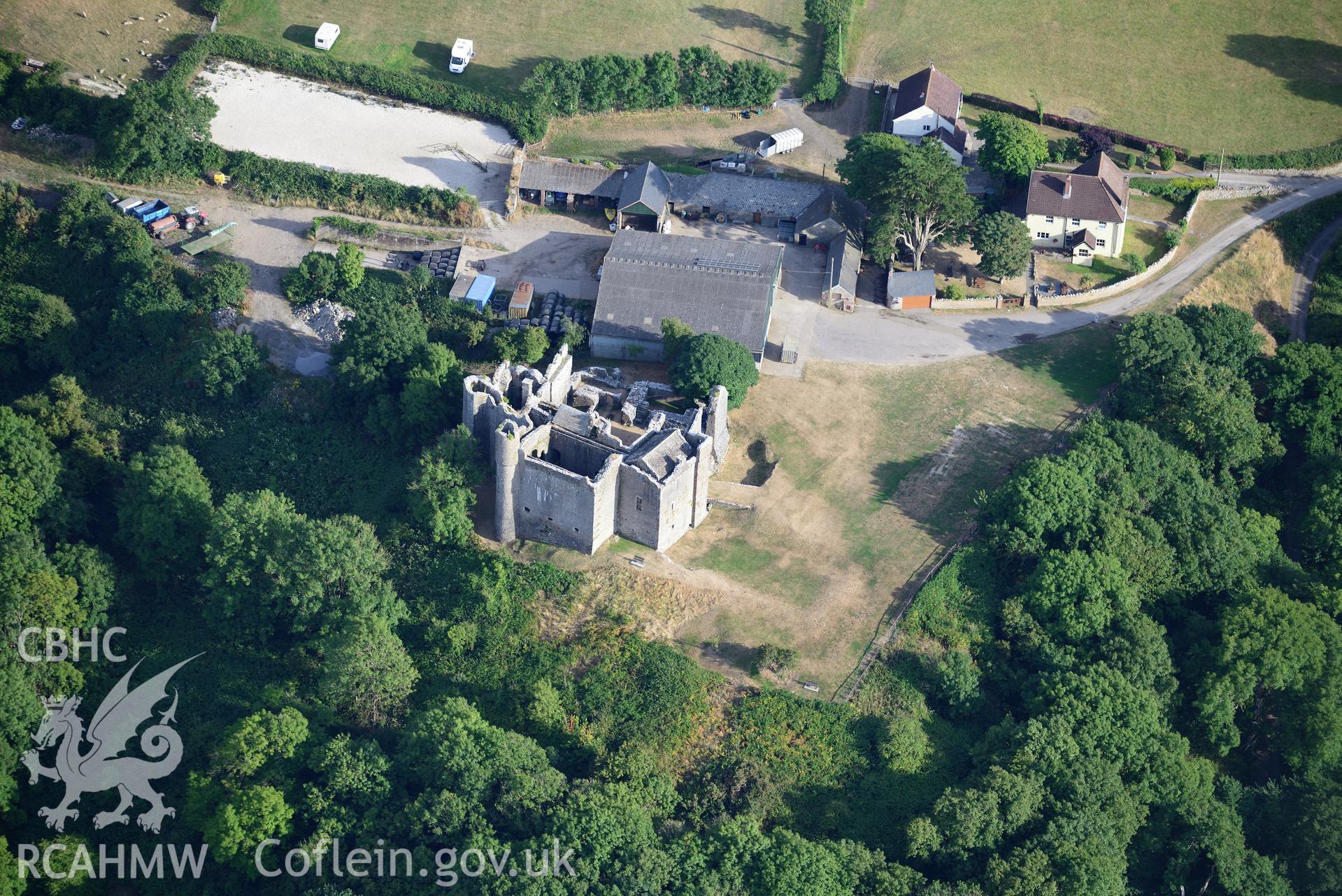 Royal Commission aerial photography of Weobley Castle, with parchmarks, taken on 17th July 2018 during the 2018 drought.