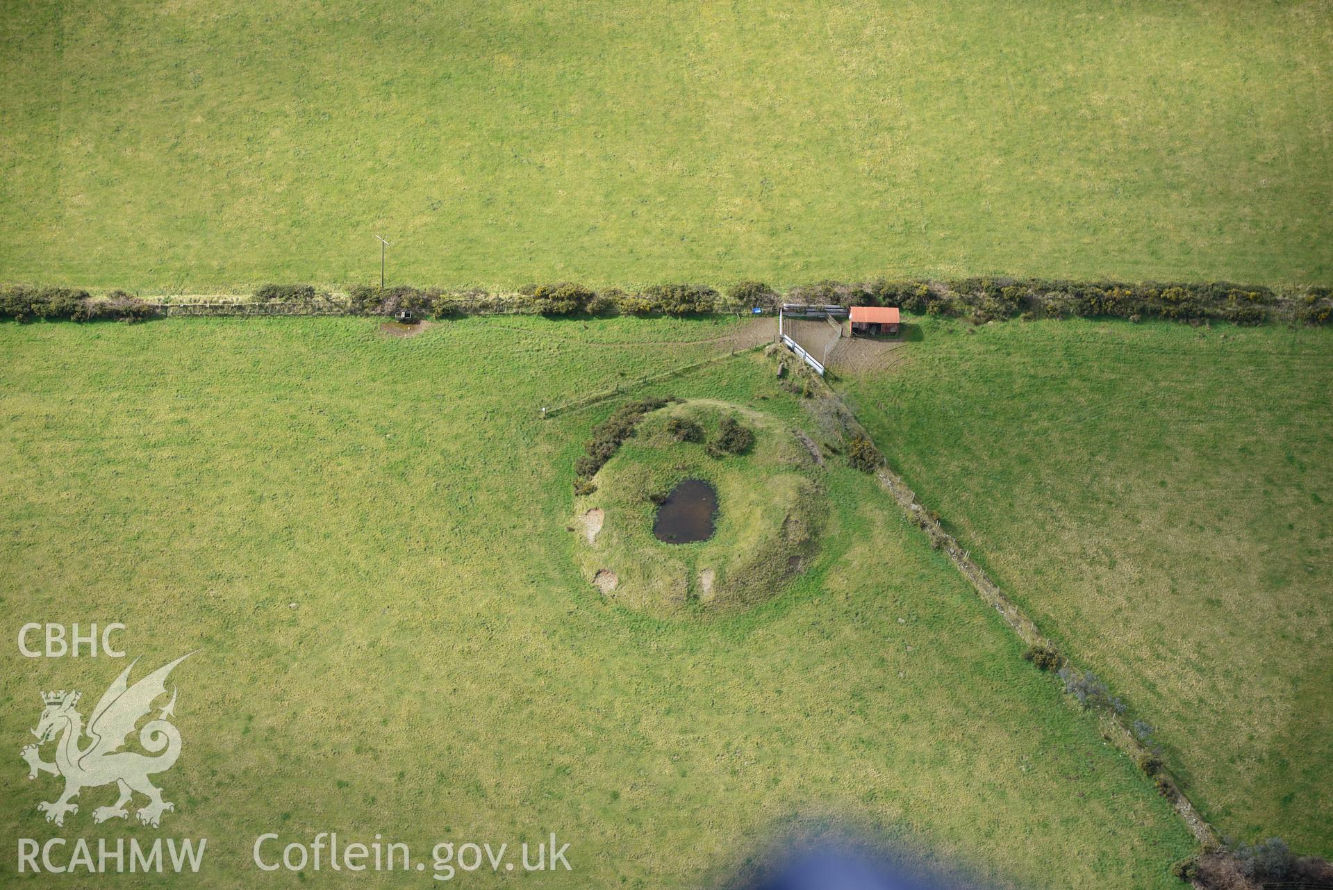 Castell Blaenllechog or Pengawsai ringwork, Maenclochog. Oblique aerial photograph taken during the Royal Commission's programme of archaeological aerial reconnaissance by Toby Driver on 13th March 2015.